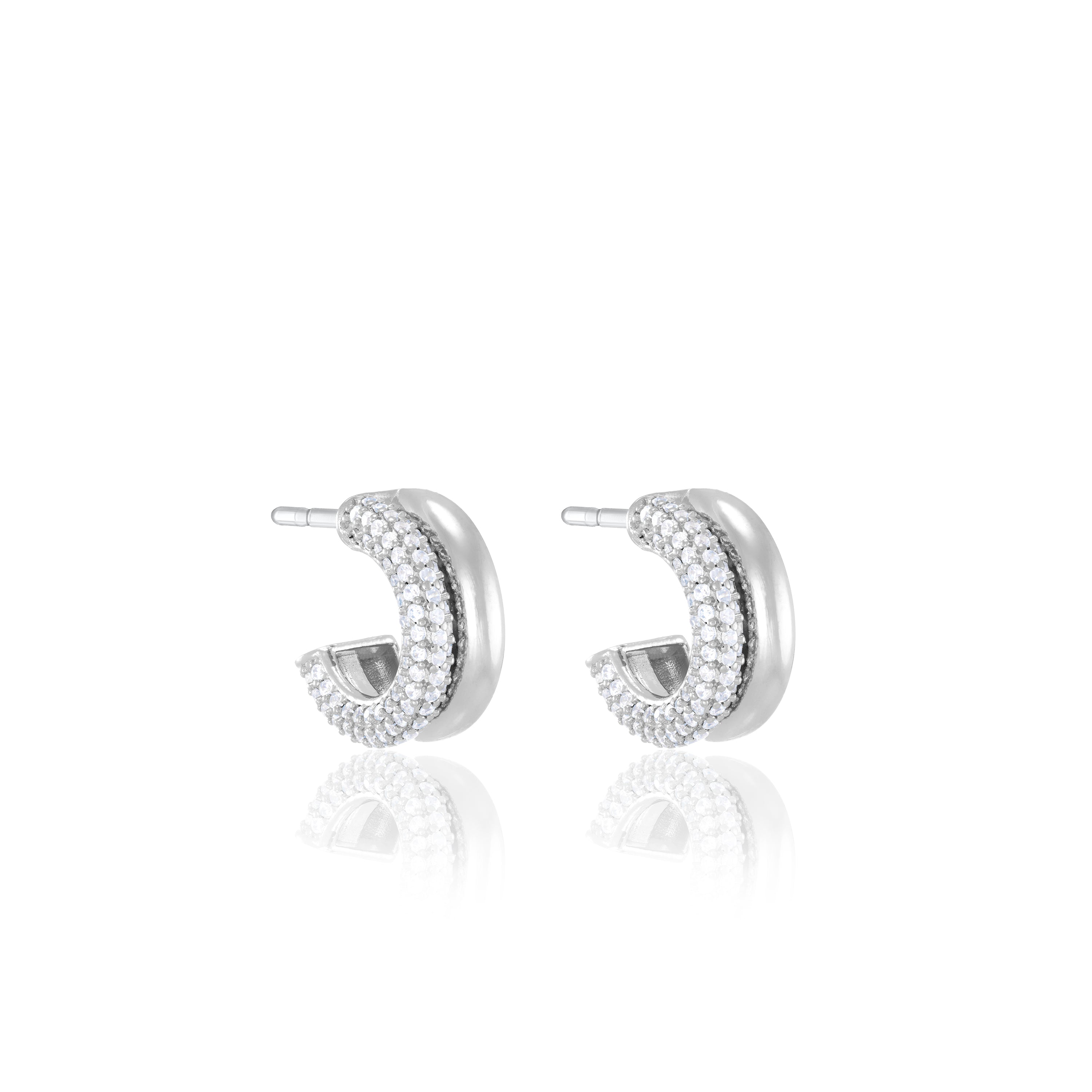Half Plain Half Pave Semi Hoop Earrings - Silver White - Small