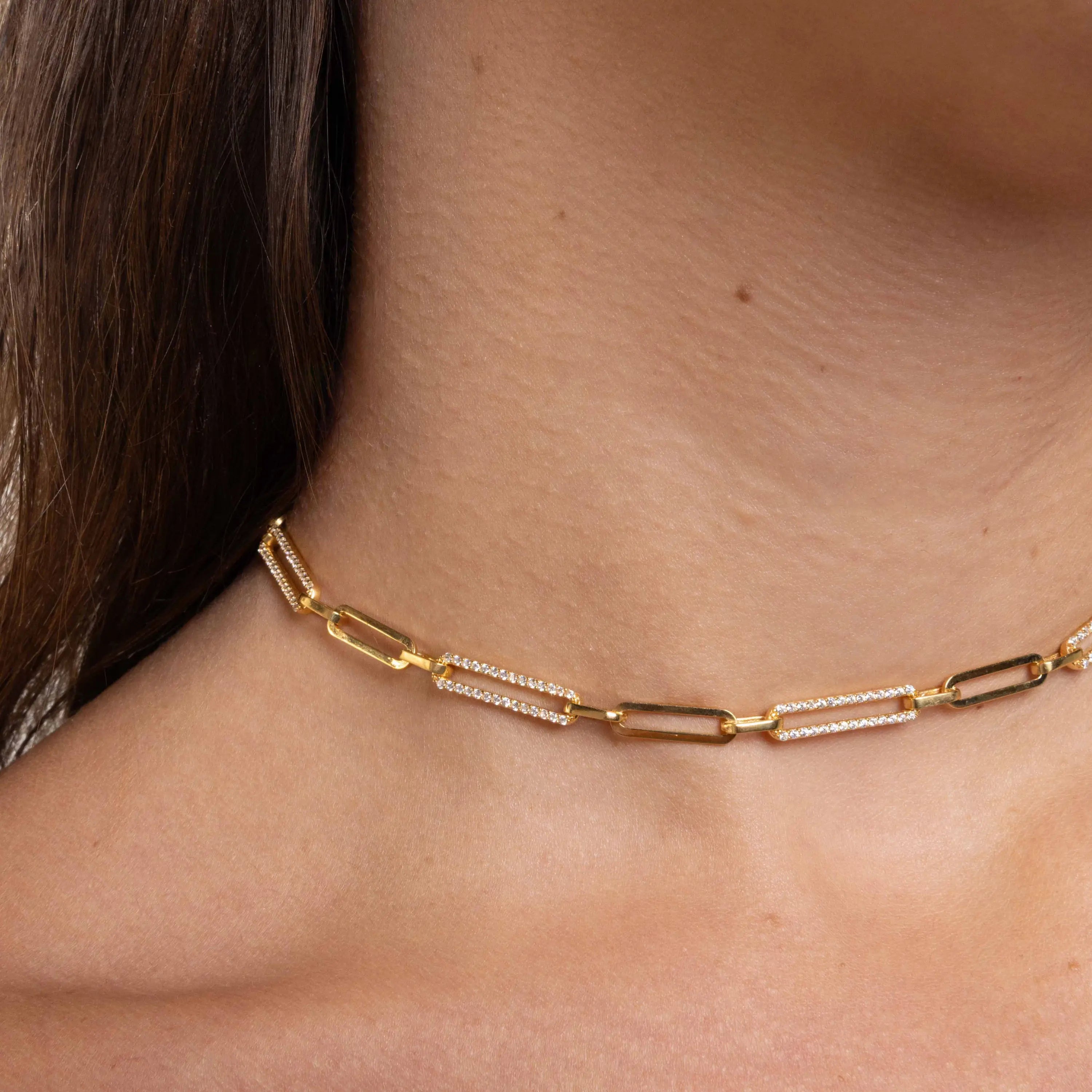 Half Cubic Zirconia Pave Paperclip Chain Link Choker - Gold White