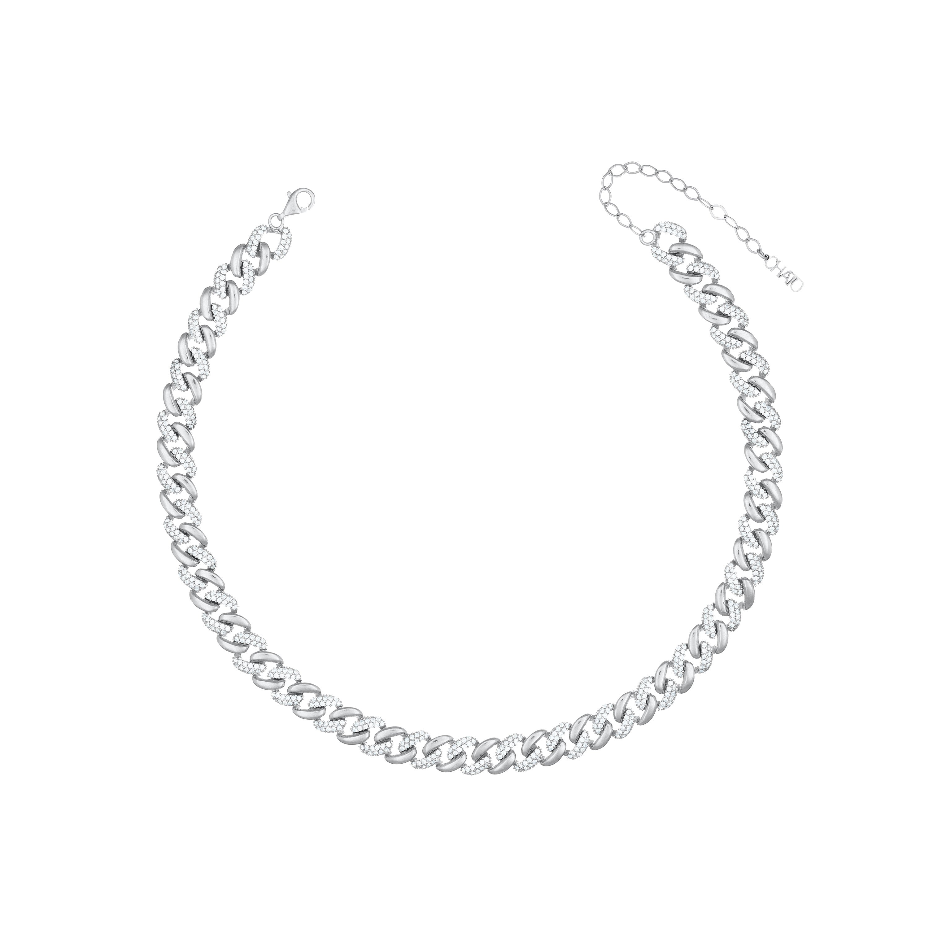 Half Pave Half Plain Cuban Link Chain Necklace