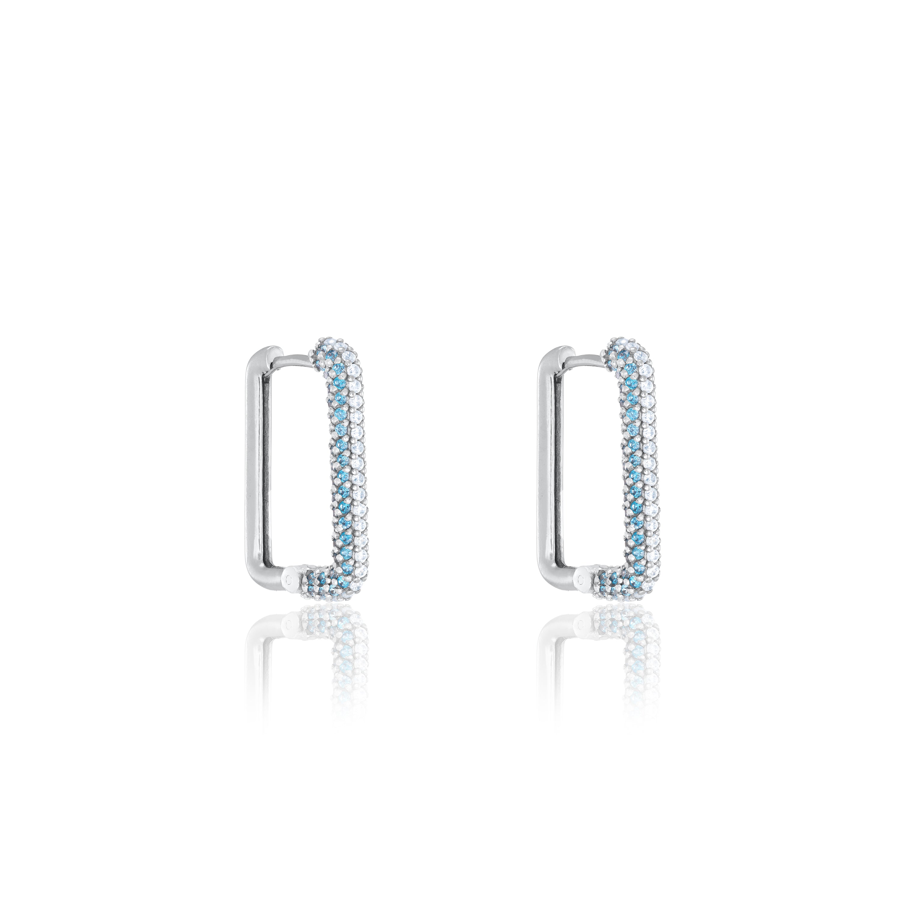 Half Pave Rectangular Hoop Earrings - Silver Aquamarine and White - Side Pave