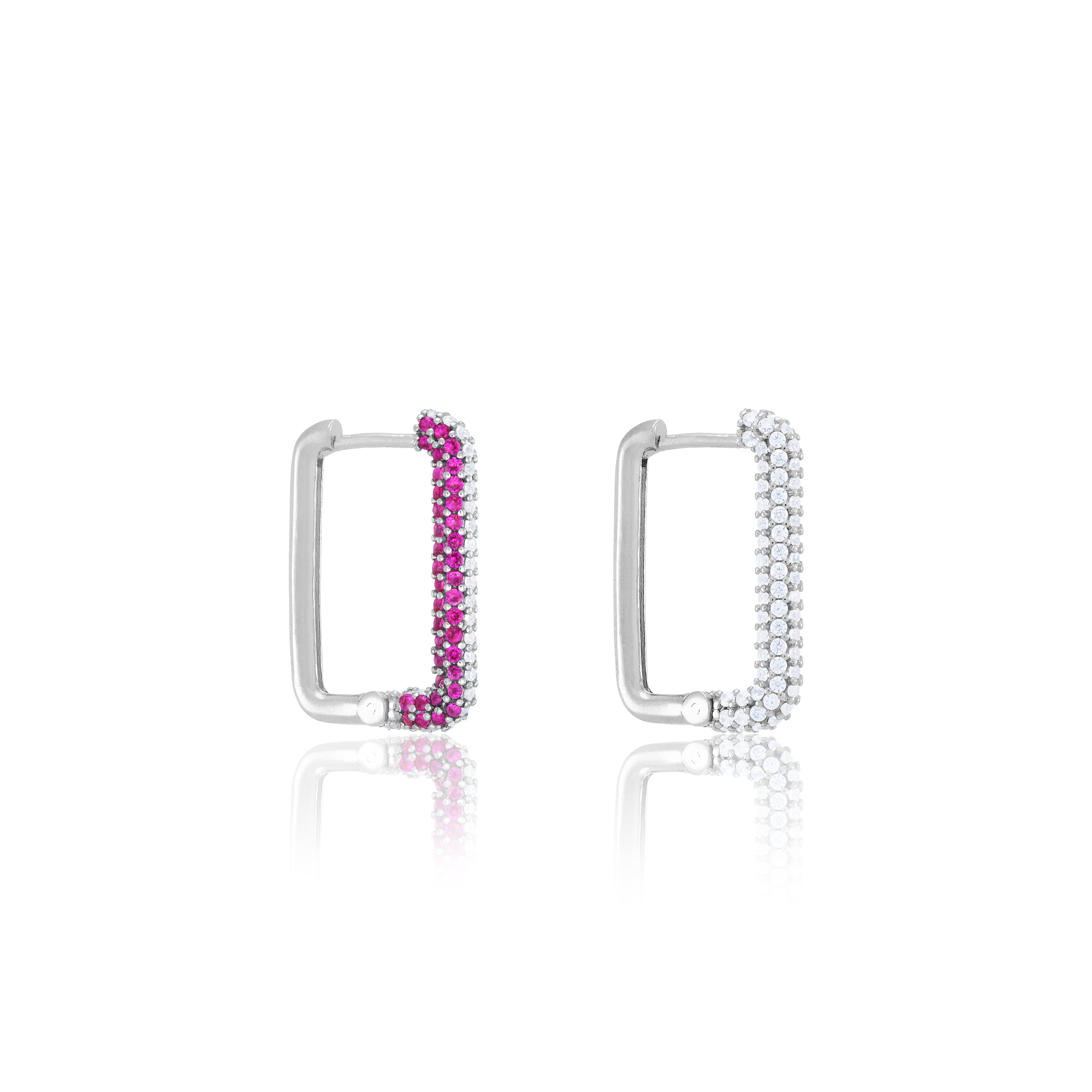 Half Pave Rectangular Hoop Earrings - Silver Fuchsia and White - Full Pave