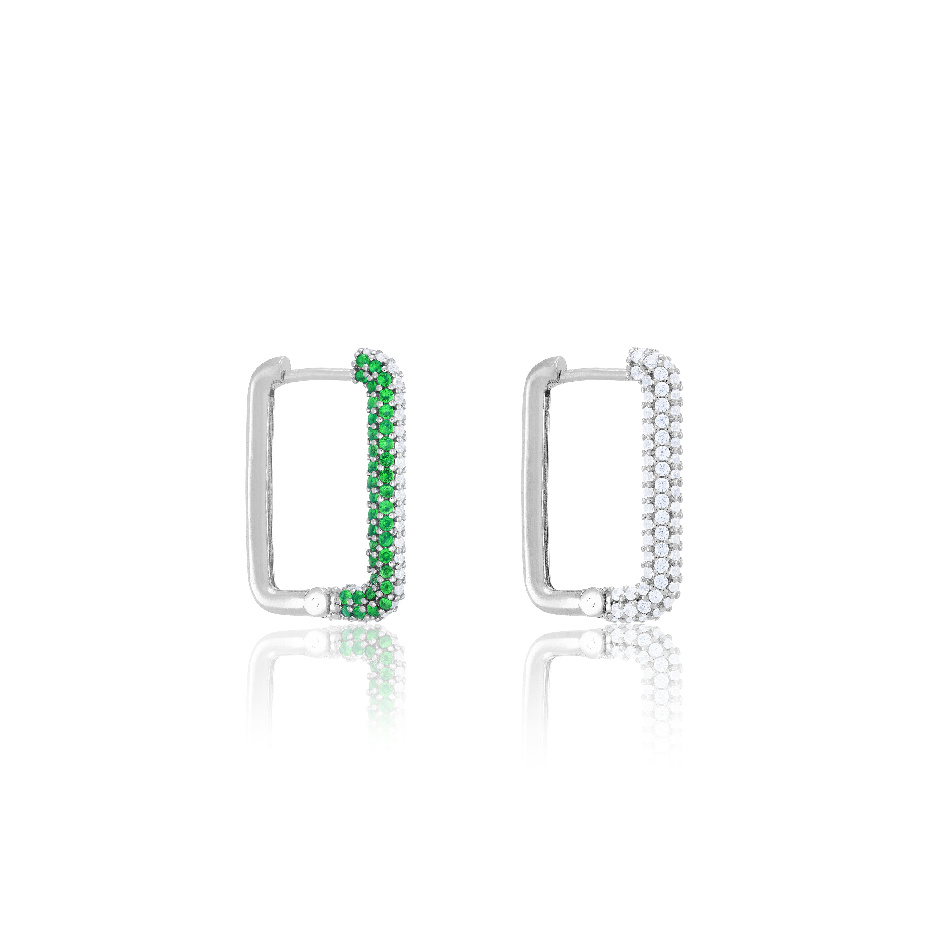 Half Pave Rectangular Hoop Earrings - Silver Green And White - Full Pave