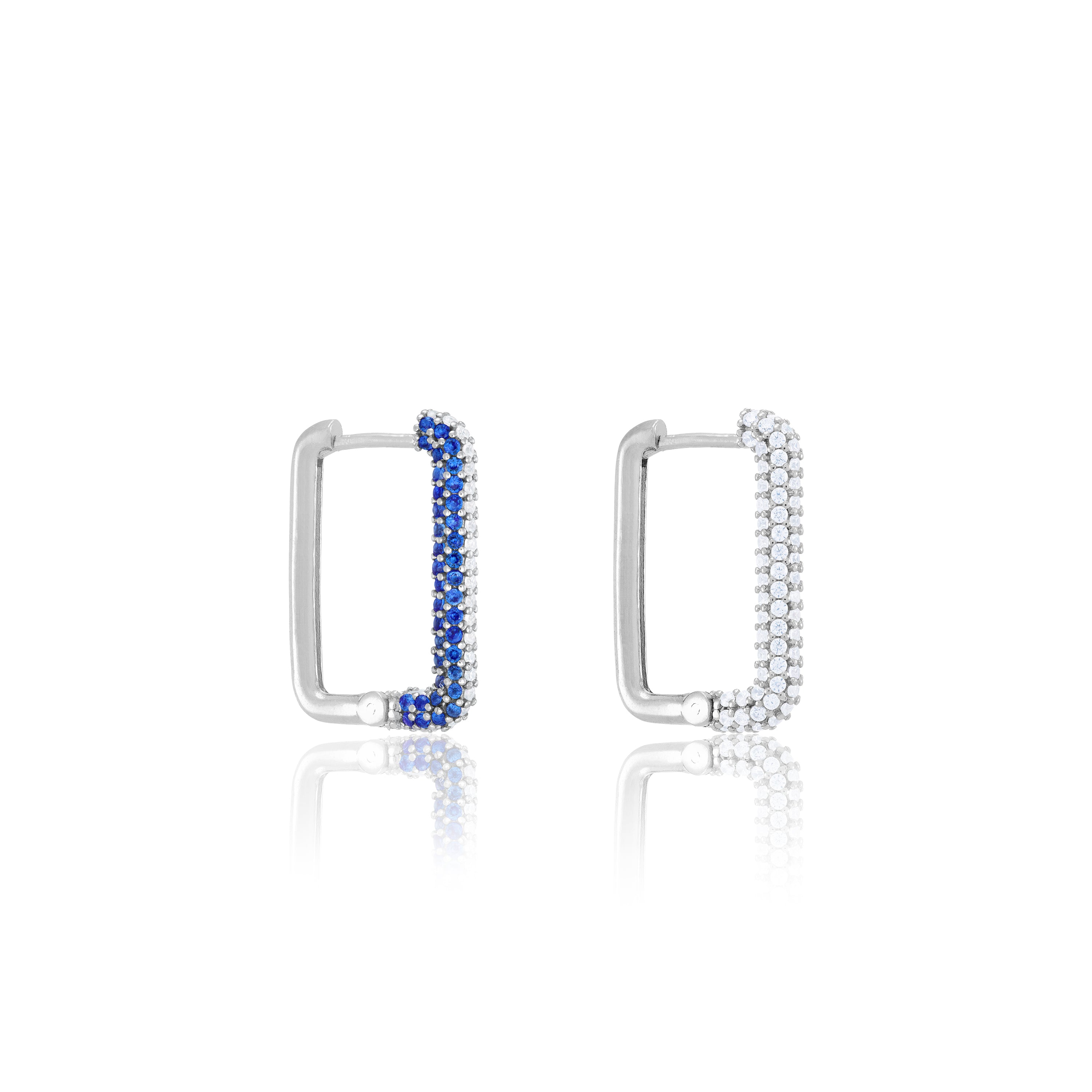 Half Pave Rectangular Hoop Earrings - Silver Navy Blue and White - Full Pave