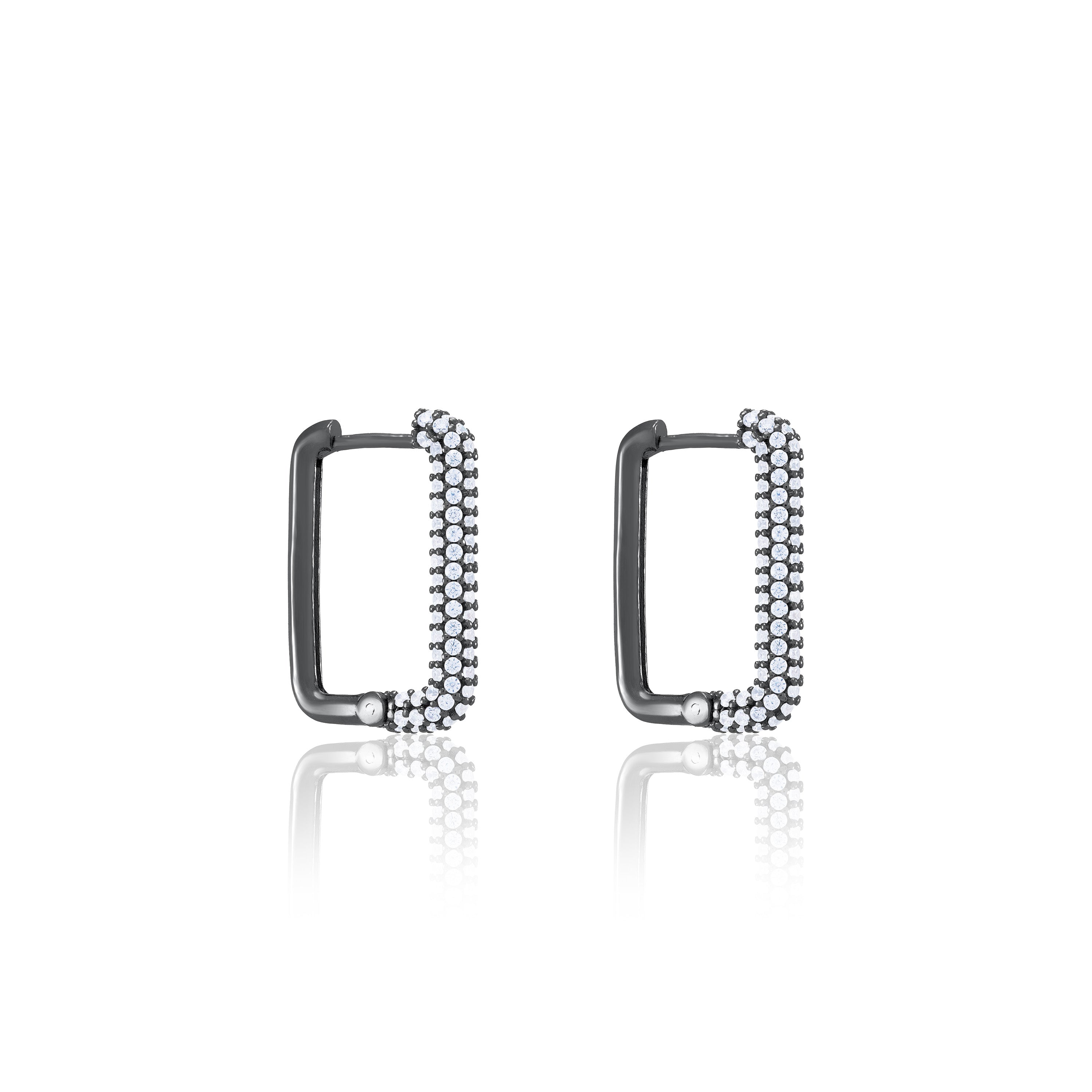 Half Pave Rectangular Hoop Earrings - Black Rhodium White