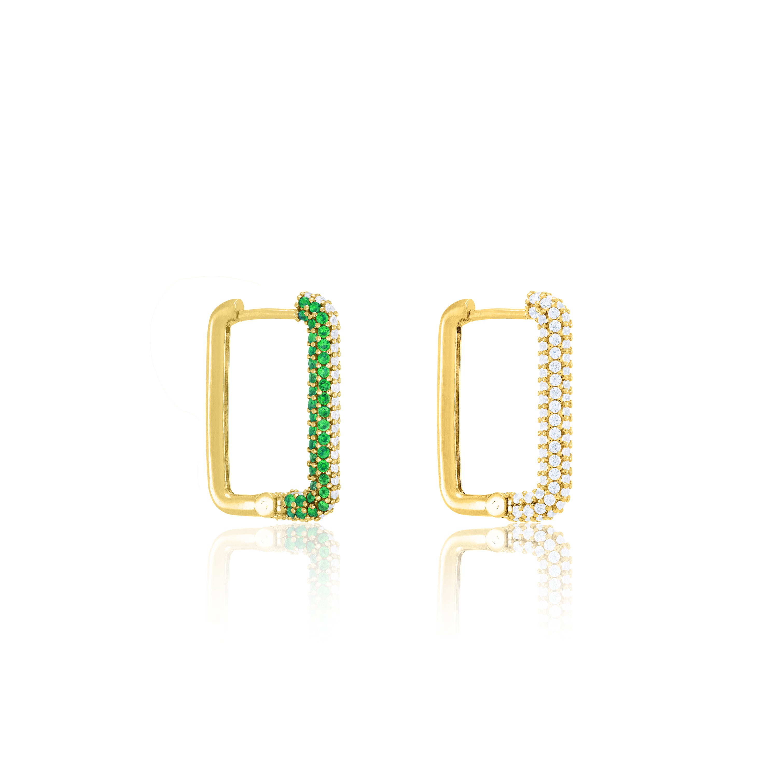 Half Pave Rectangular Hoop Earrings - Gold Green And White