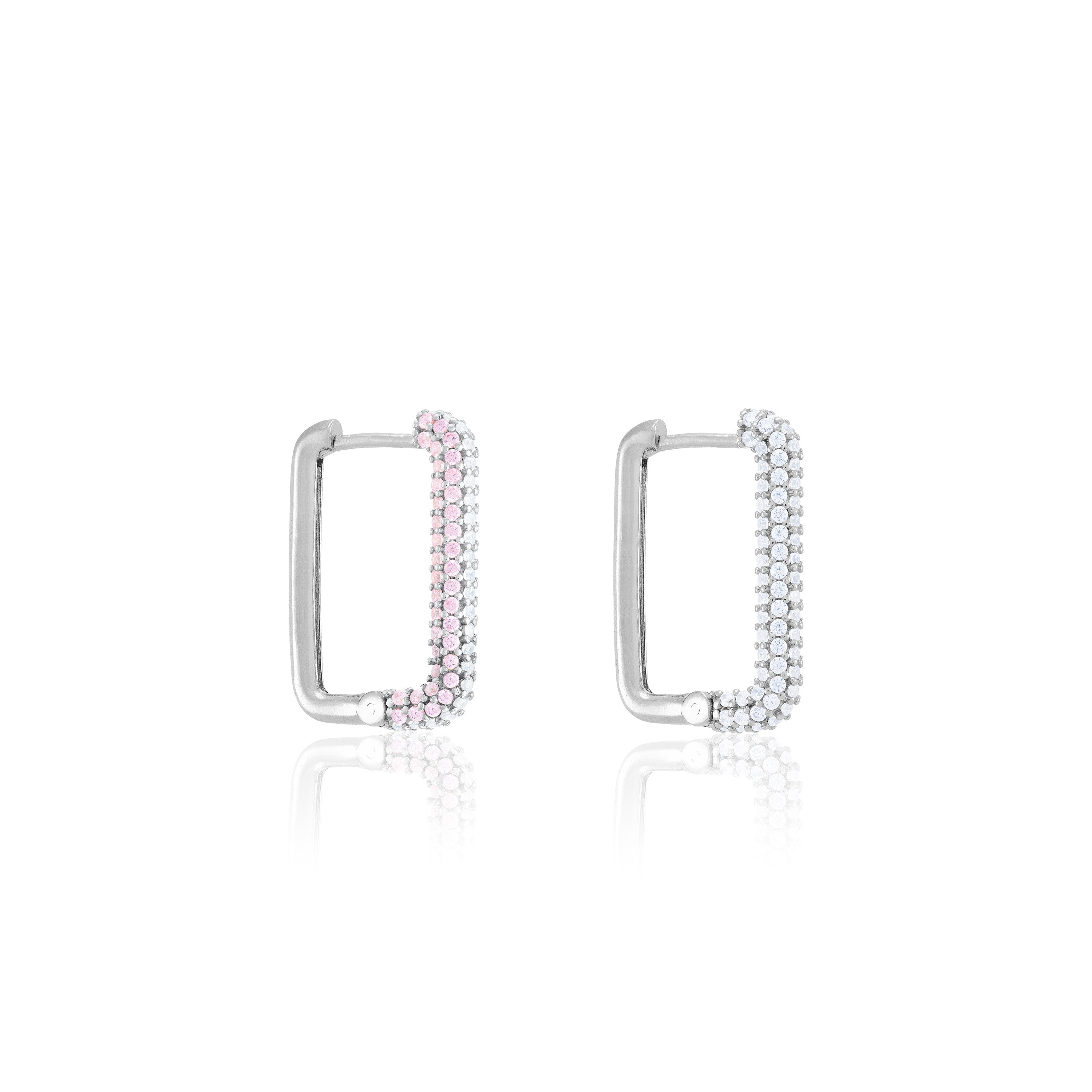 Half Pave Rectangular Hoop Earrings - Silver Light Pink and White - Full Pave