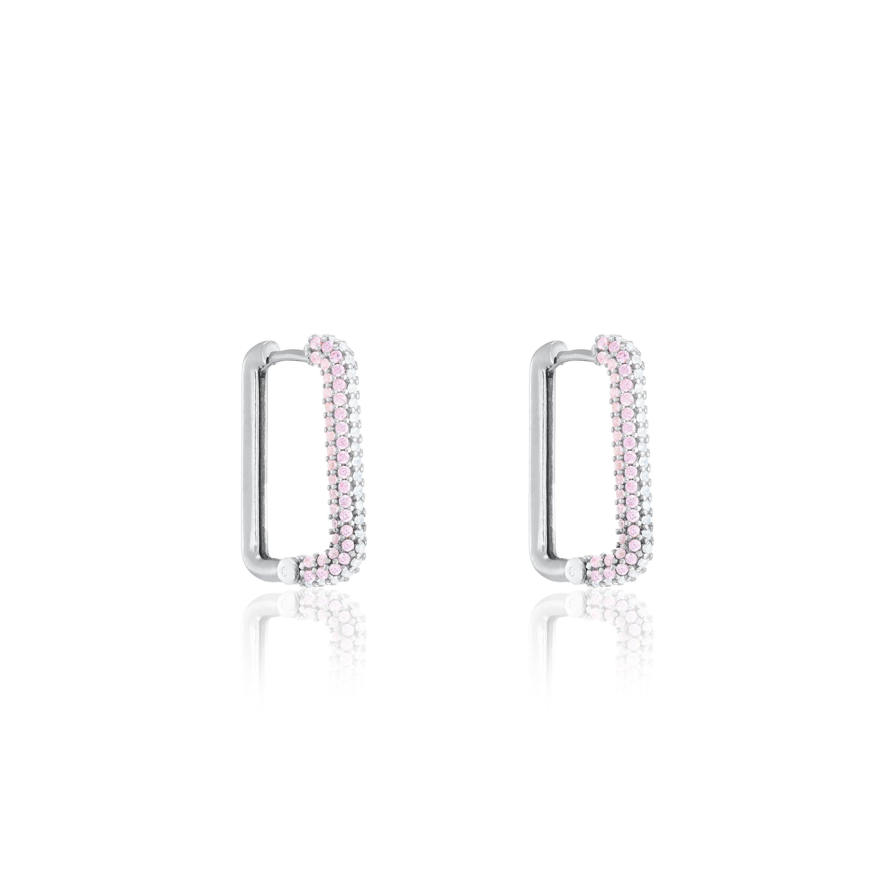 Half Pave Rectangular Hoop Earrings - Silver Light Pink - Side Pave