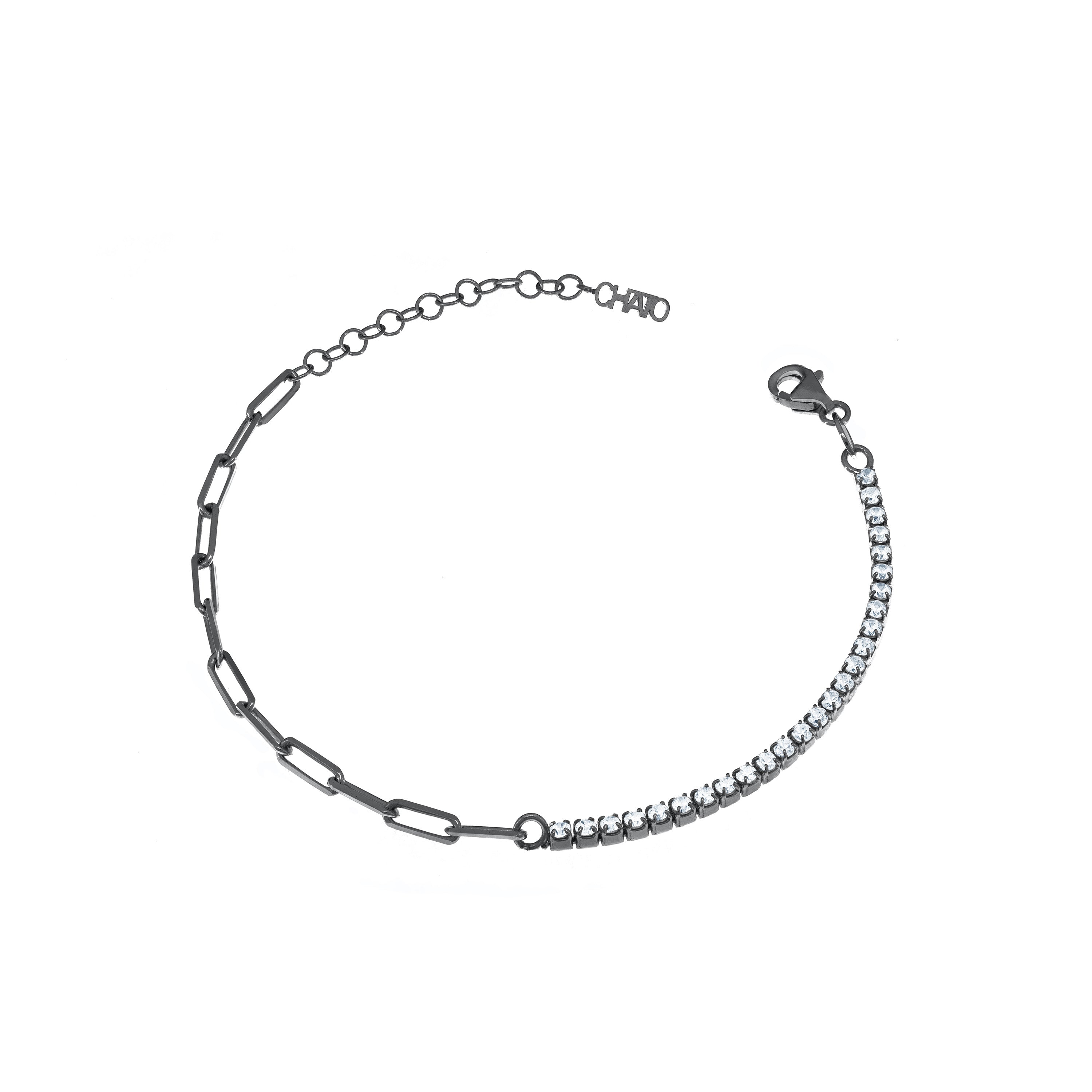 Half Tennis Half Paperclip Chain Bracelet - Black Rhodium White