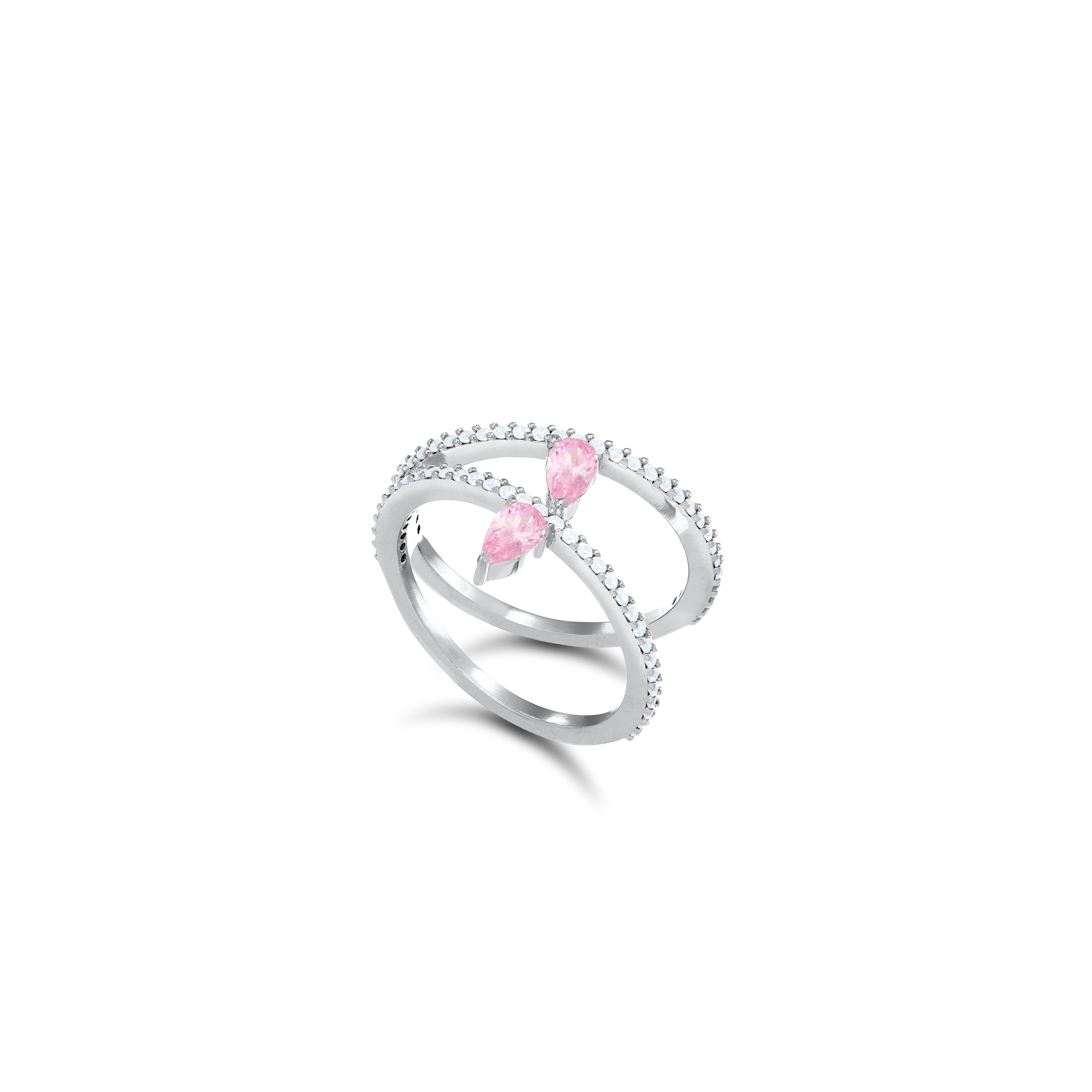 Inclined Two Line Teadrops Ring - Silver Light Pink And White