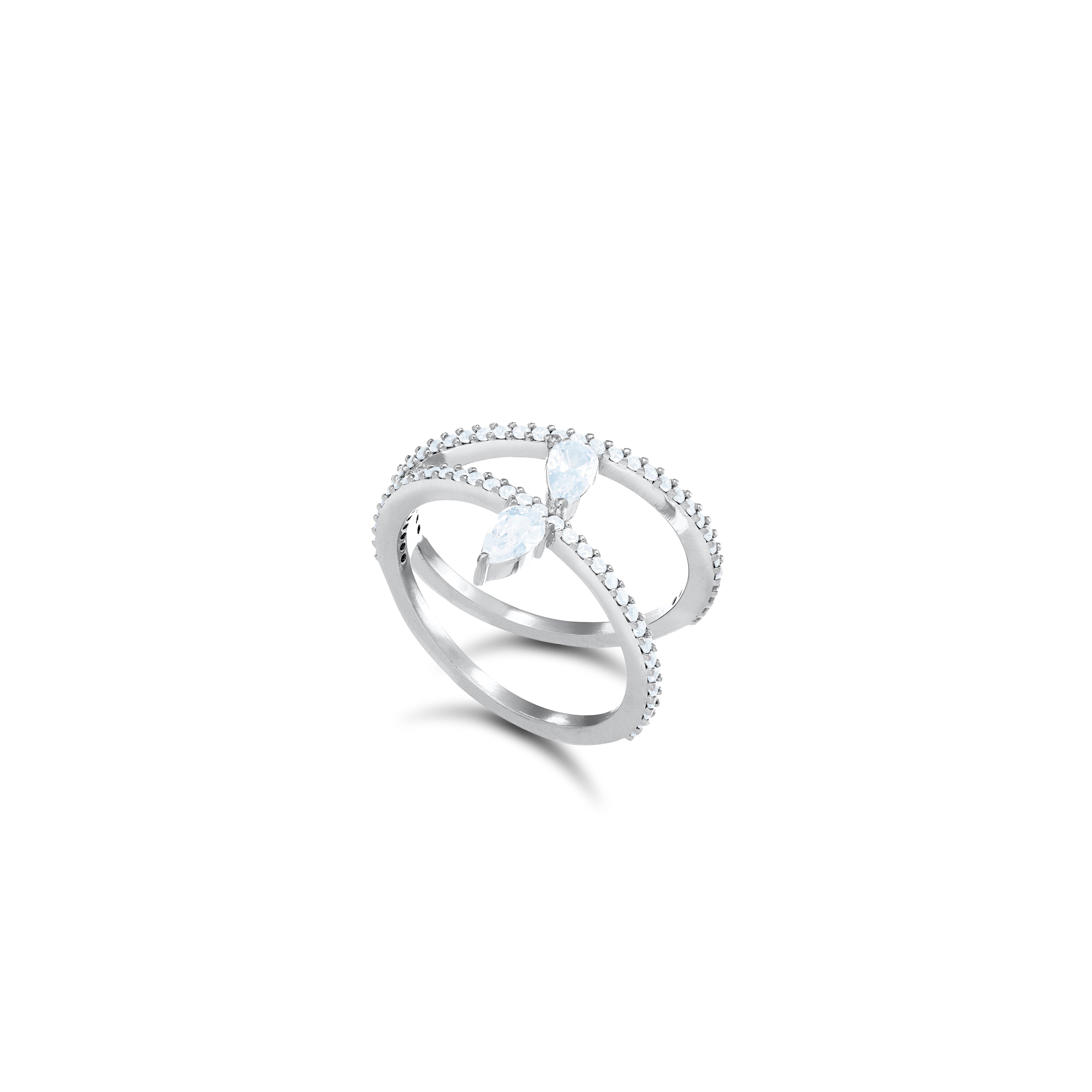 Inclined Two Line Teadrops Ring - Silver White