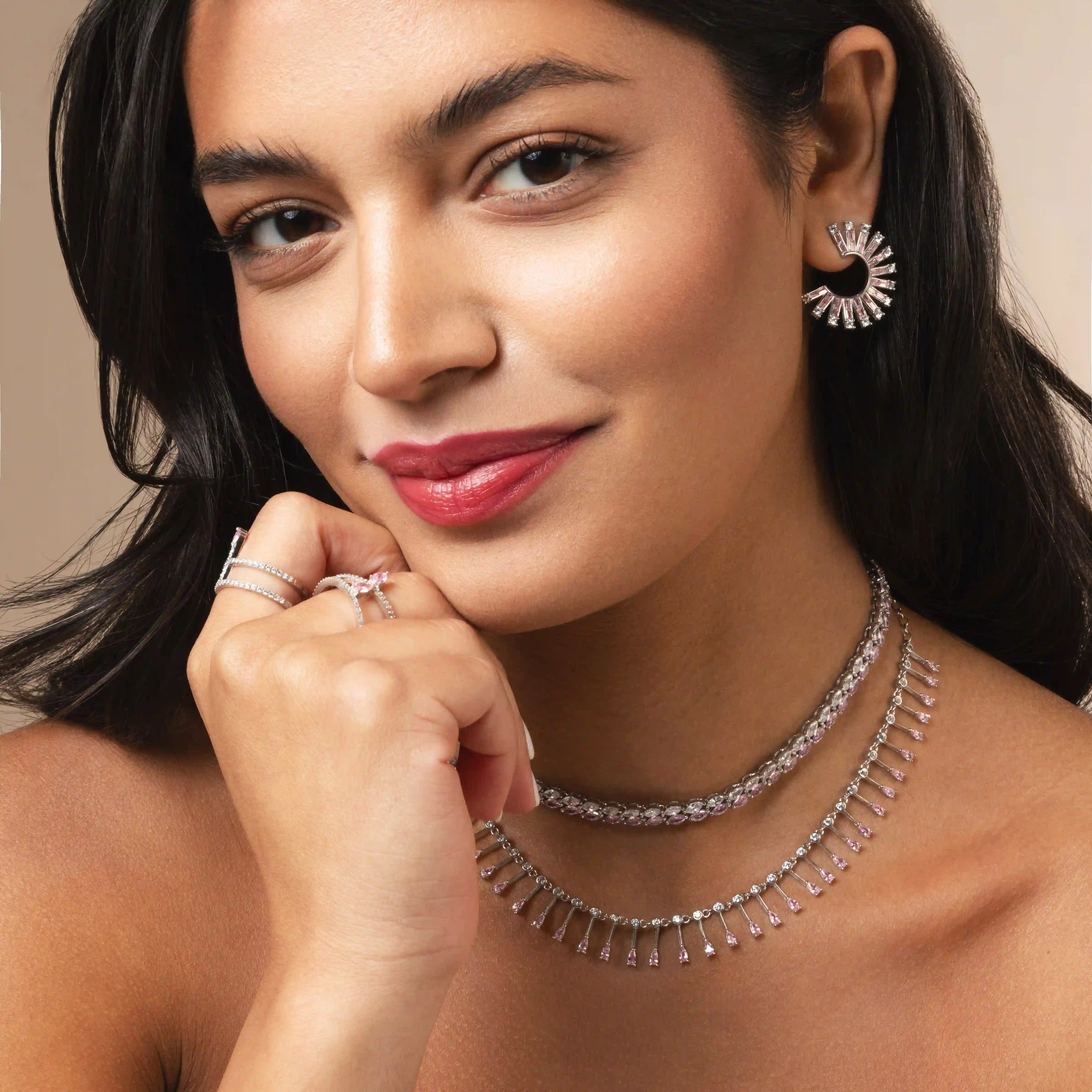 Teardrop Fringe Necklace - Silver Light Pink And White