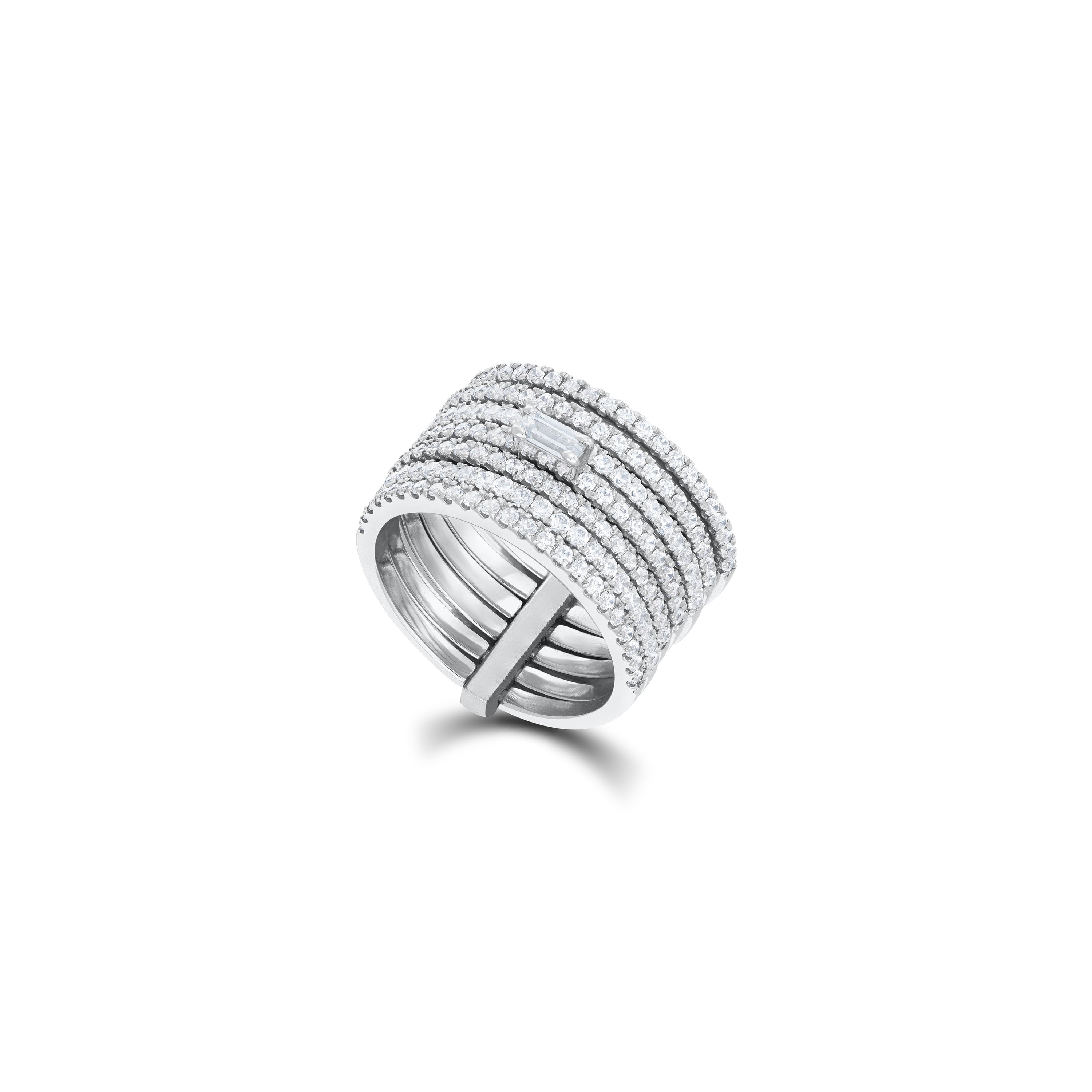 Multi-Layer Pave CZ Ring with Baguette Accent - Silver White