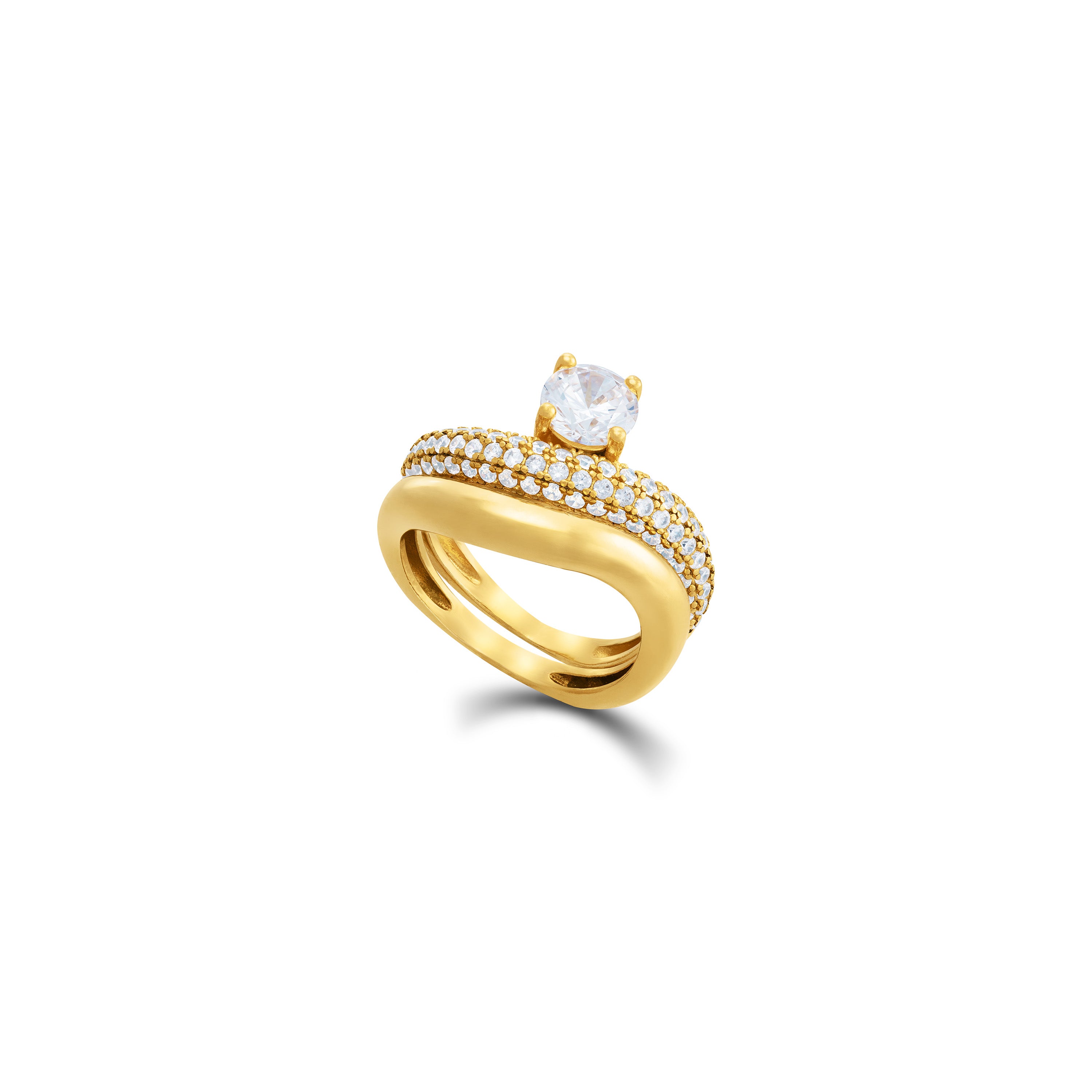 One Cubic Zirconia Double Band Pave Ring - Gold White