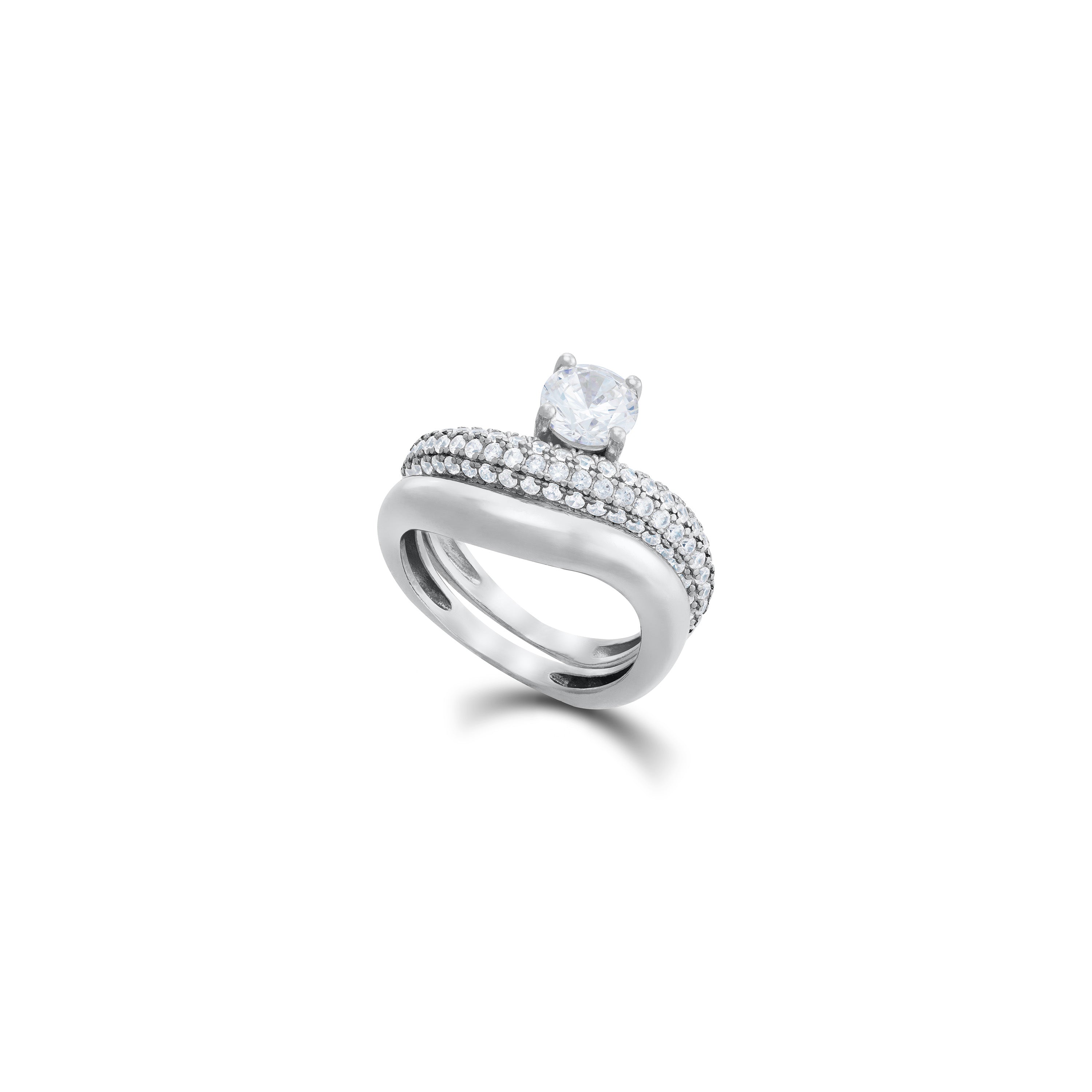 One Cubic Zirconia Double Band Pave Ring - Silver White
