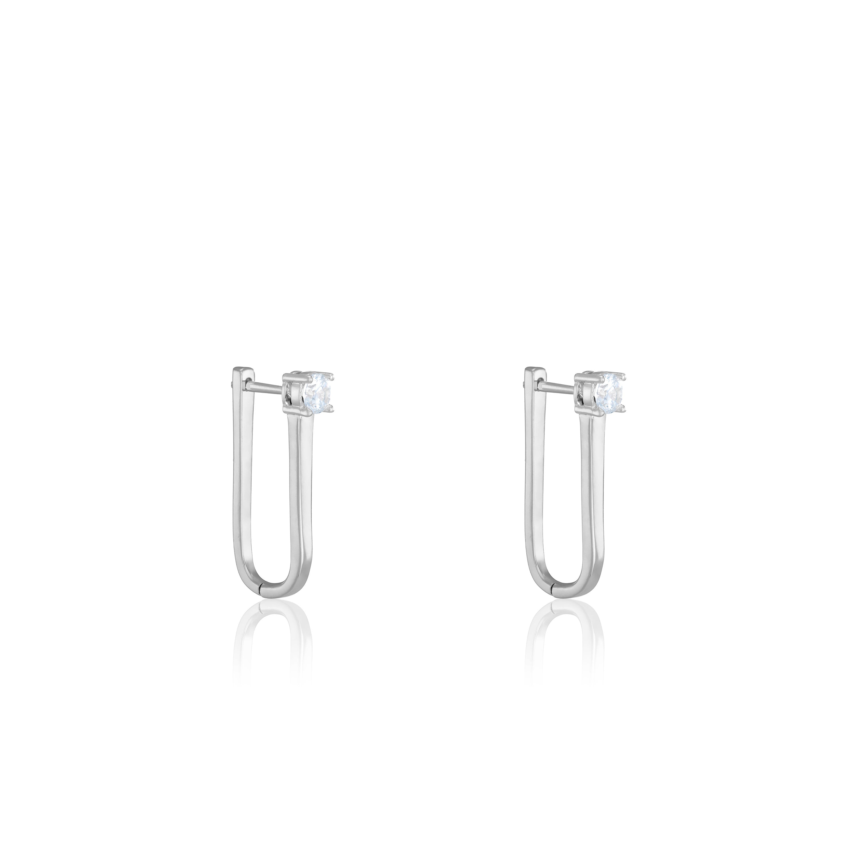 One Dot Cz Paperclip Hoop Earrings - Silver White