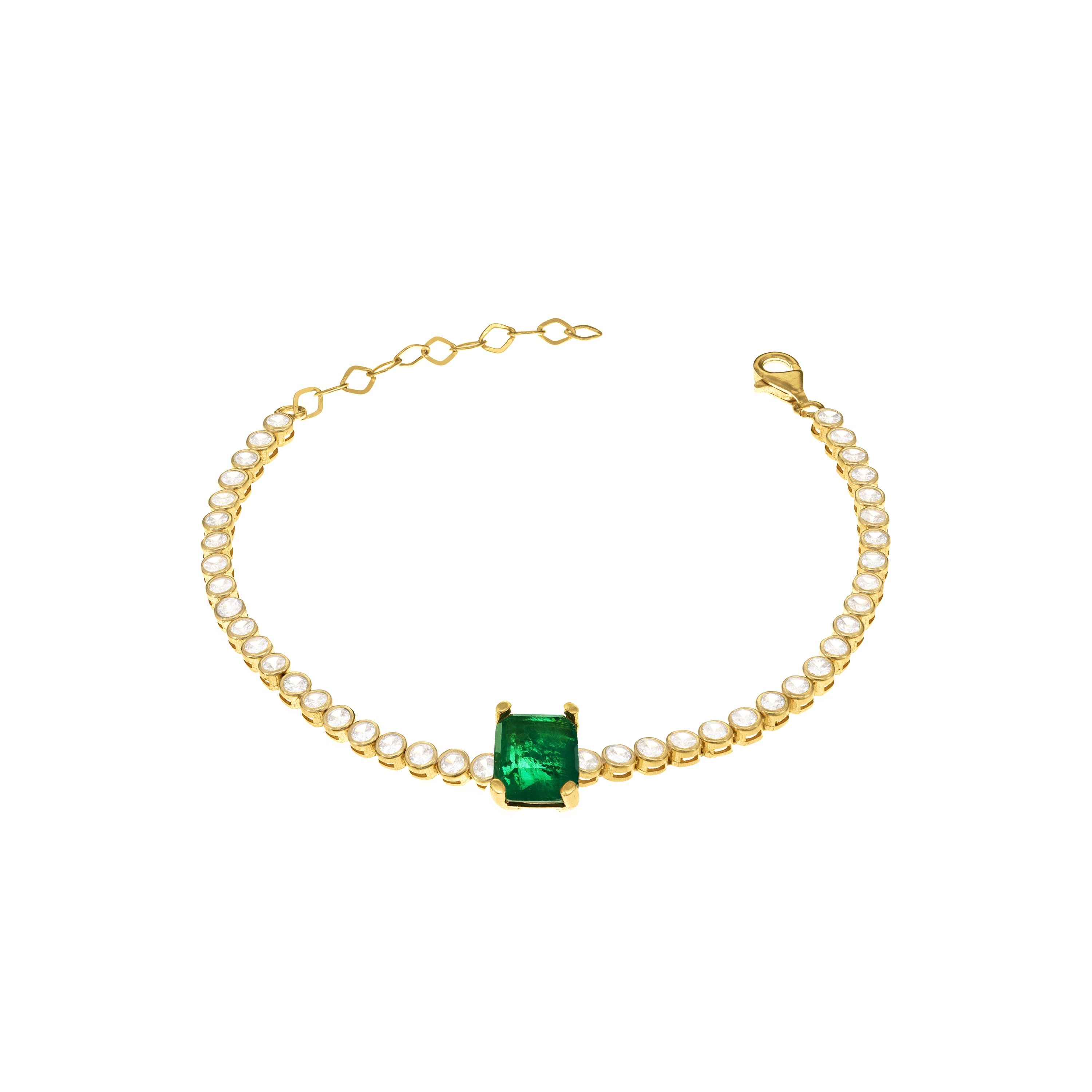 One Rectangle Round Bezel Tennis Bracelet - Gold Green And White