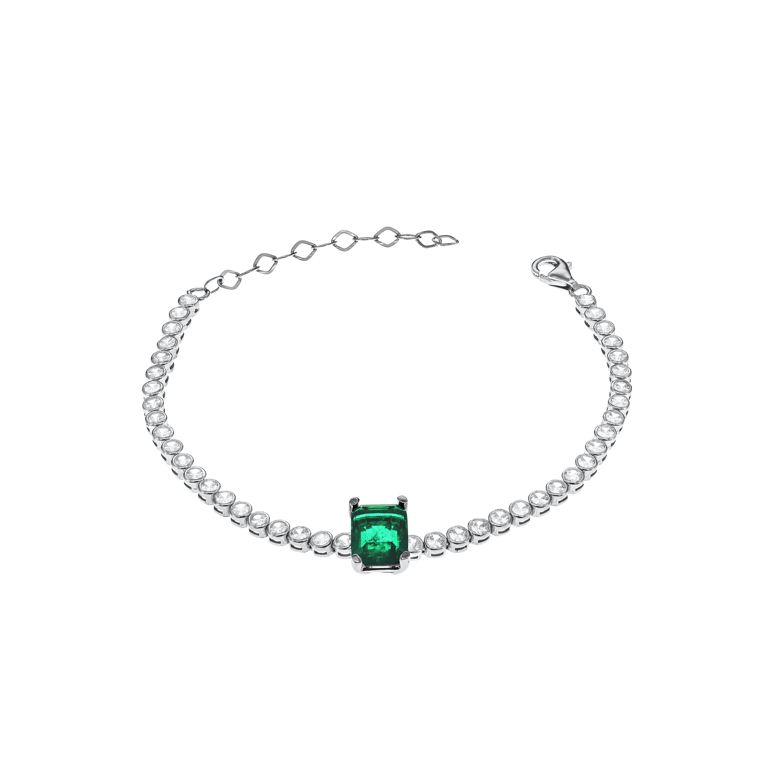 One Rectangle Round Bezel Tennis Bracelet - Silver Green And White