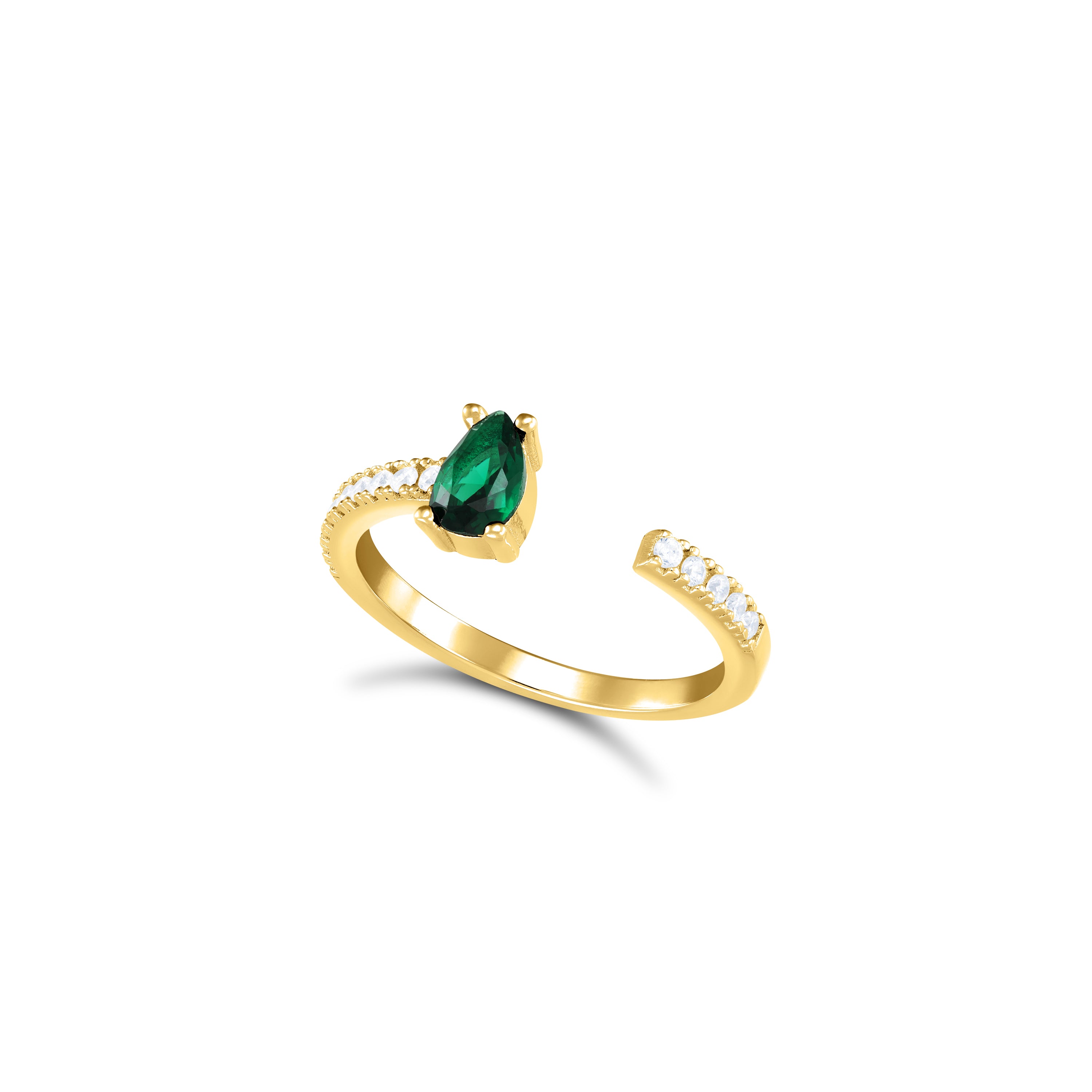 One Side Teardrop One Side Line CZ Ring - Gold Green And White