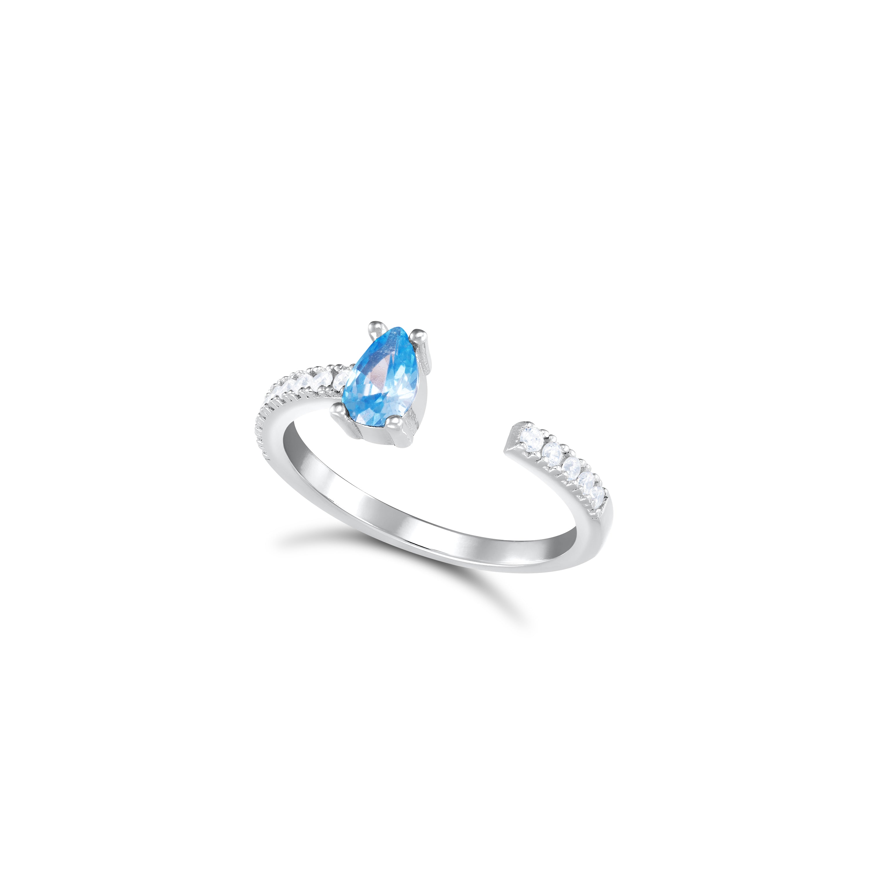 One Side Teardrop One Side Line CZ Ring - Silver Aquamarine