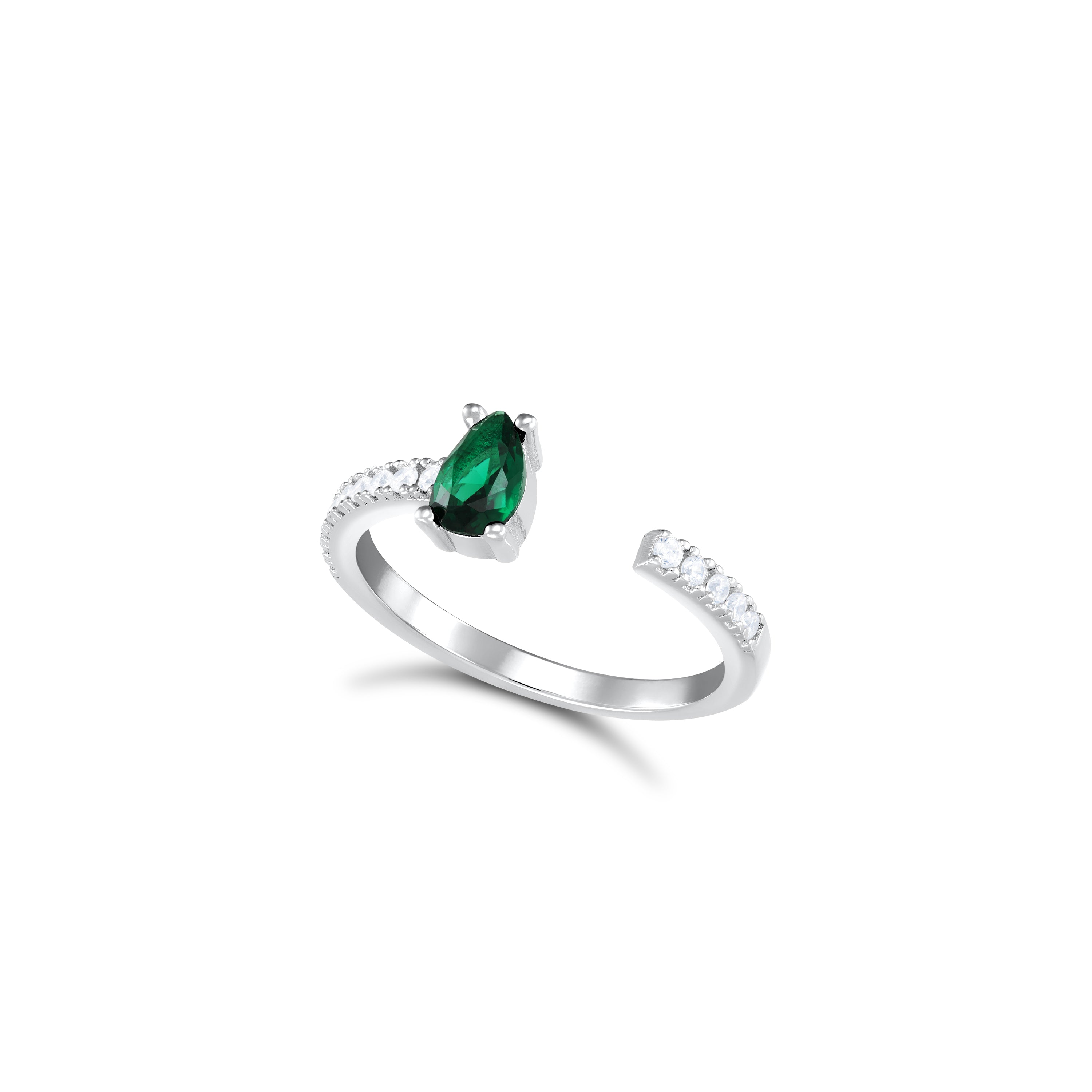 One Side Teardrop One Side Line CZ Ring - Silver Green And White