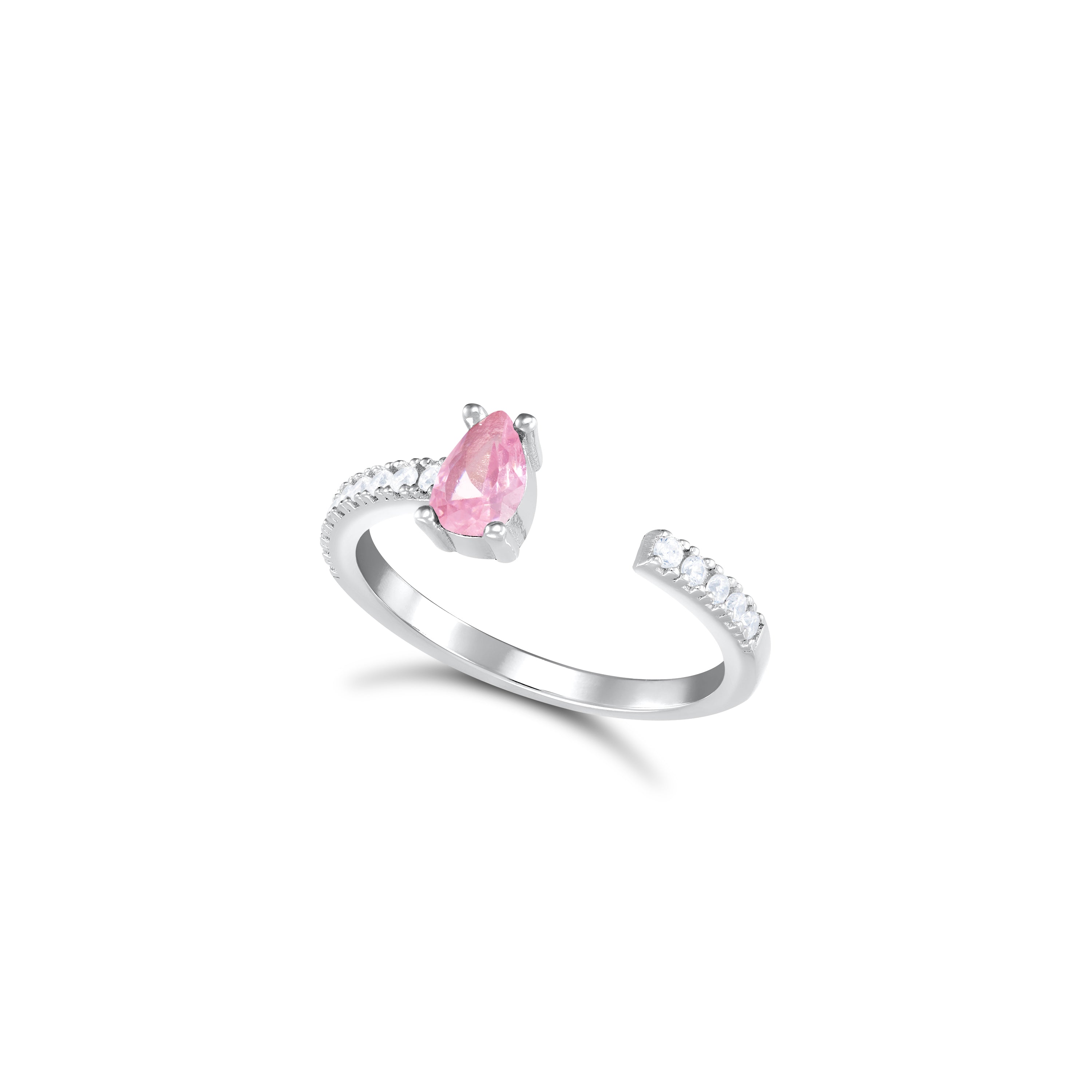 One Side Teardrop One Side Line CZ Ring - Silver Light Pink