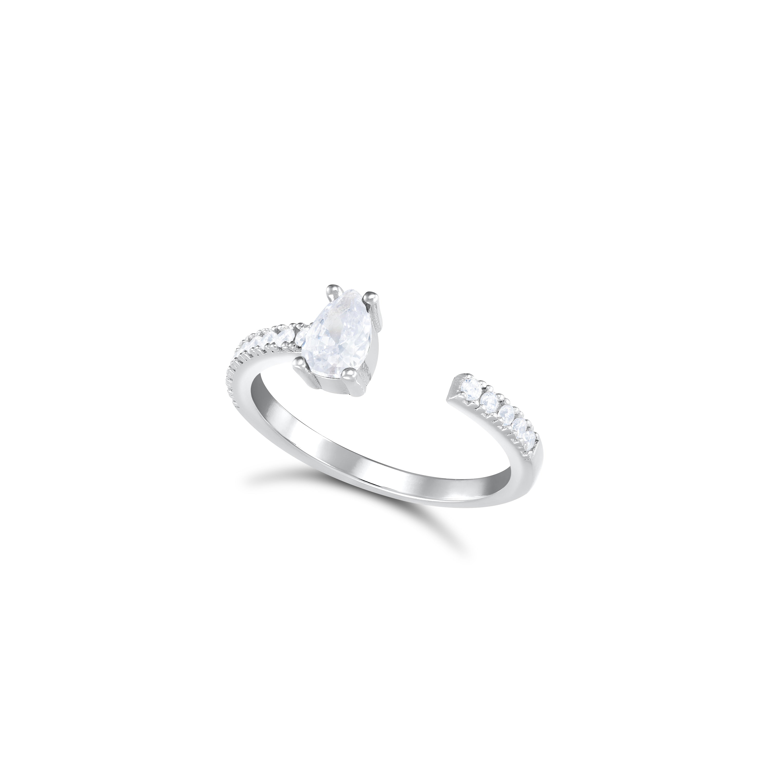 One Side Teardrop One Side Line CZ Ring - Silver White