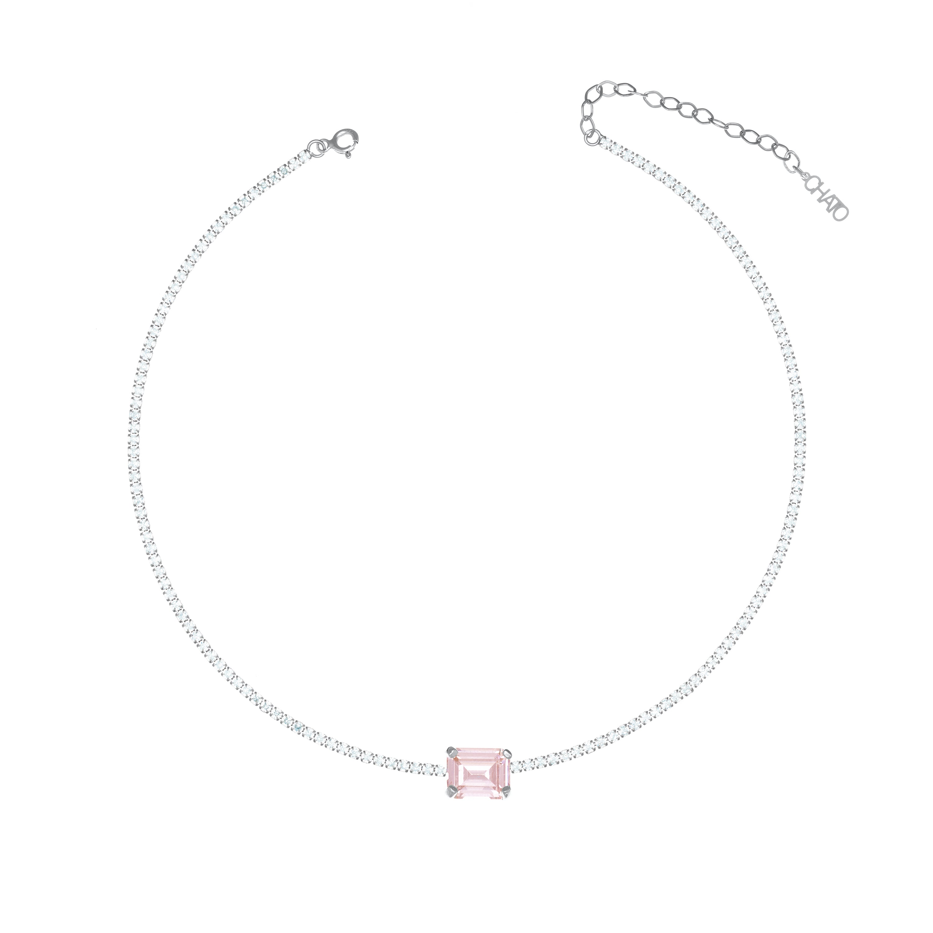 One Big Rectangle Horizontal Tennis Choker - Silver Light Pink