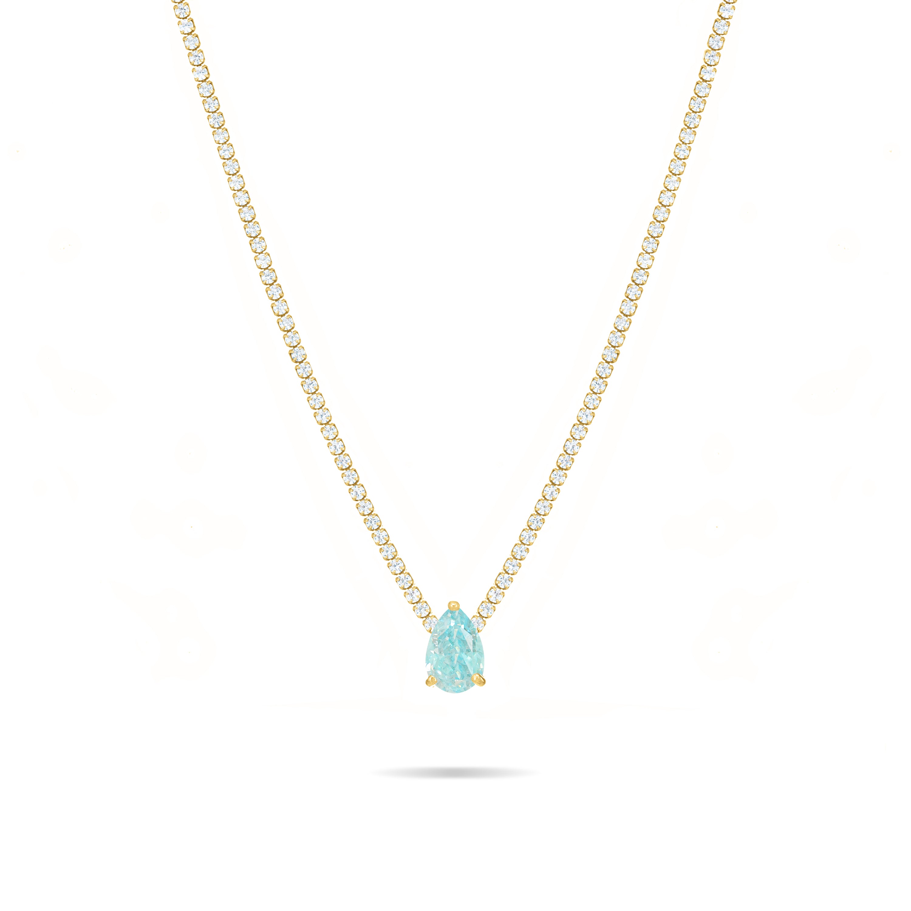 One Big Teardrop Tennis Choker - Gold Aquamarine And White