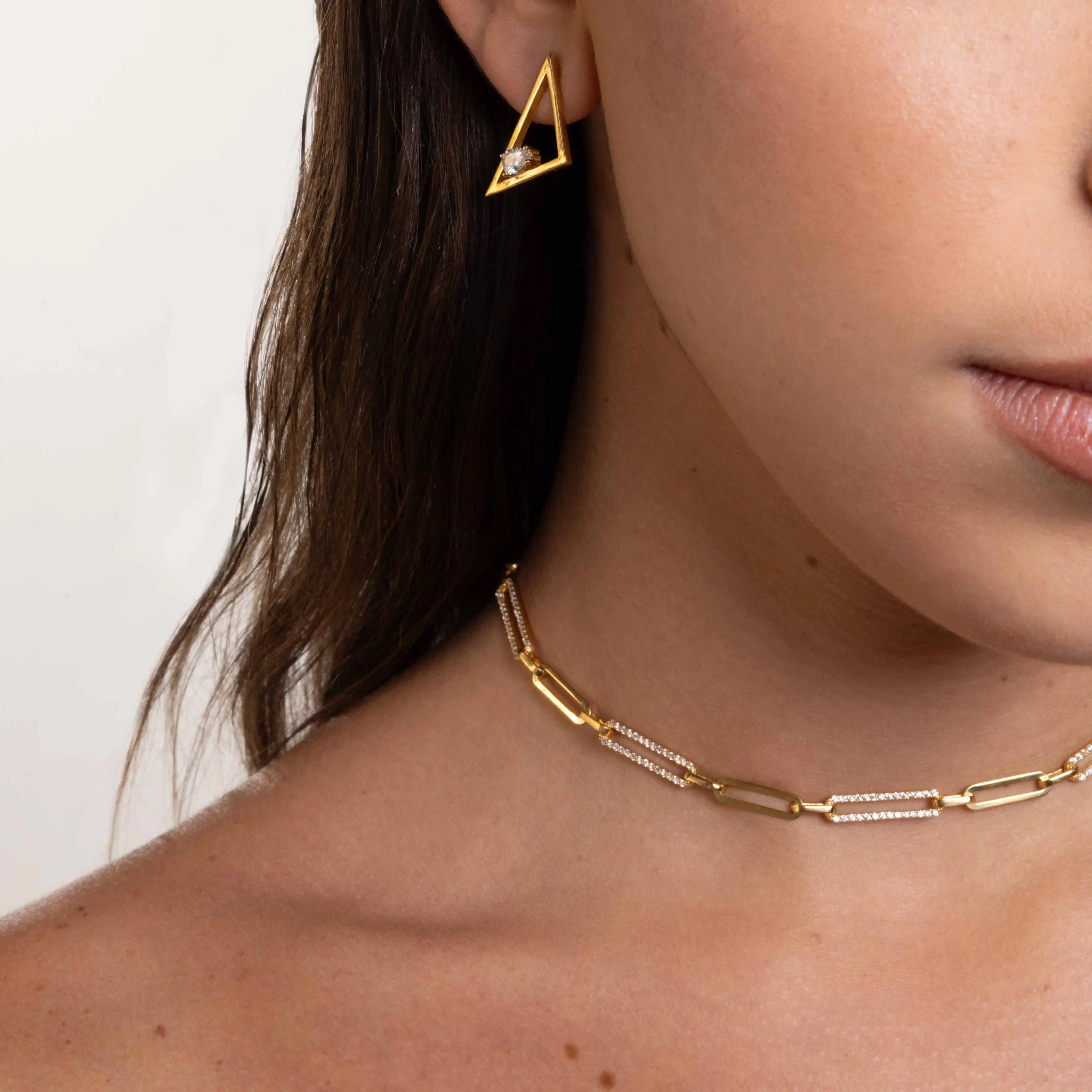 Half Cubic Zirconia Pave Paperclip Chain Link Choker - Gold White