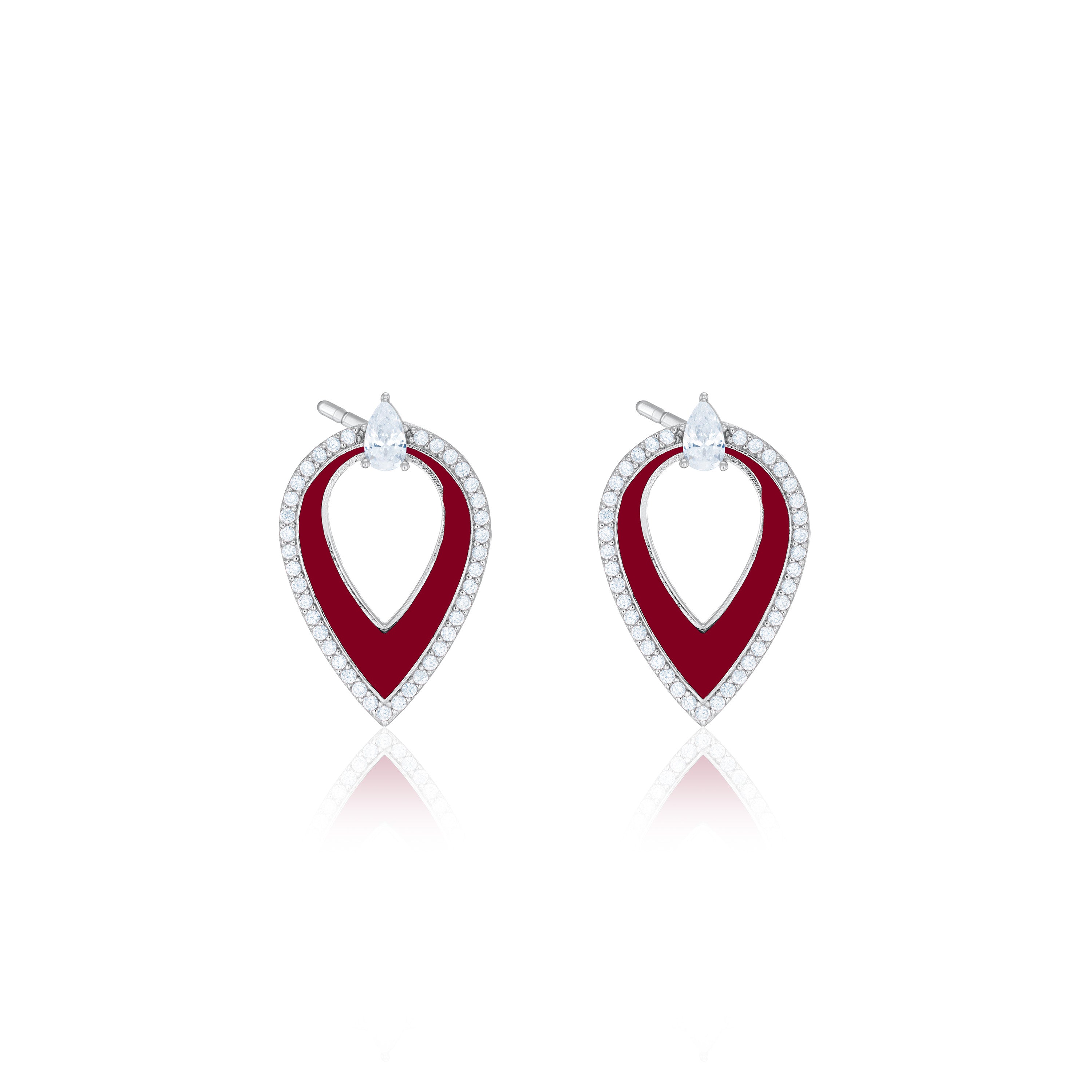One Teardrop Pear Cut Shaped Enamel Earrings - Silver Burgundy