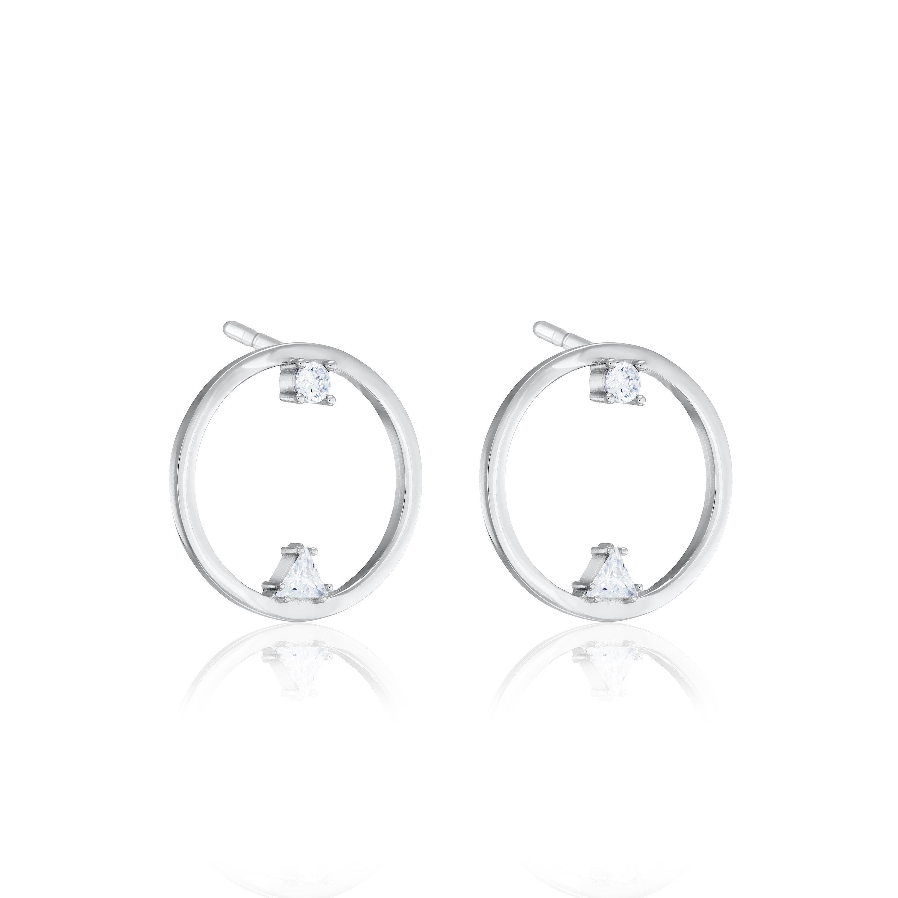 One Triangle And One Cubic Zirconia Open Circle Stud Earrings - Silver White