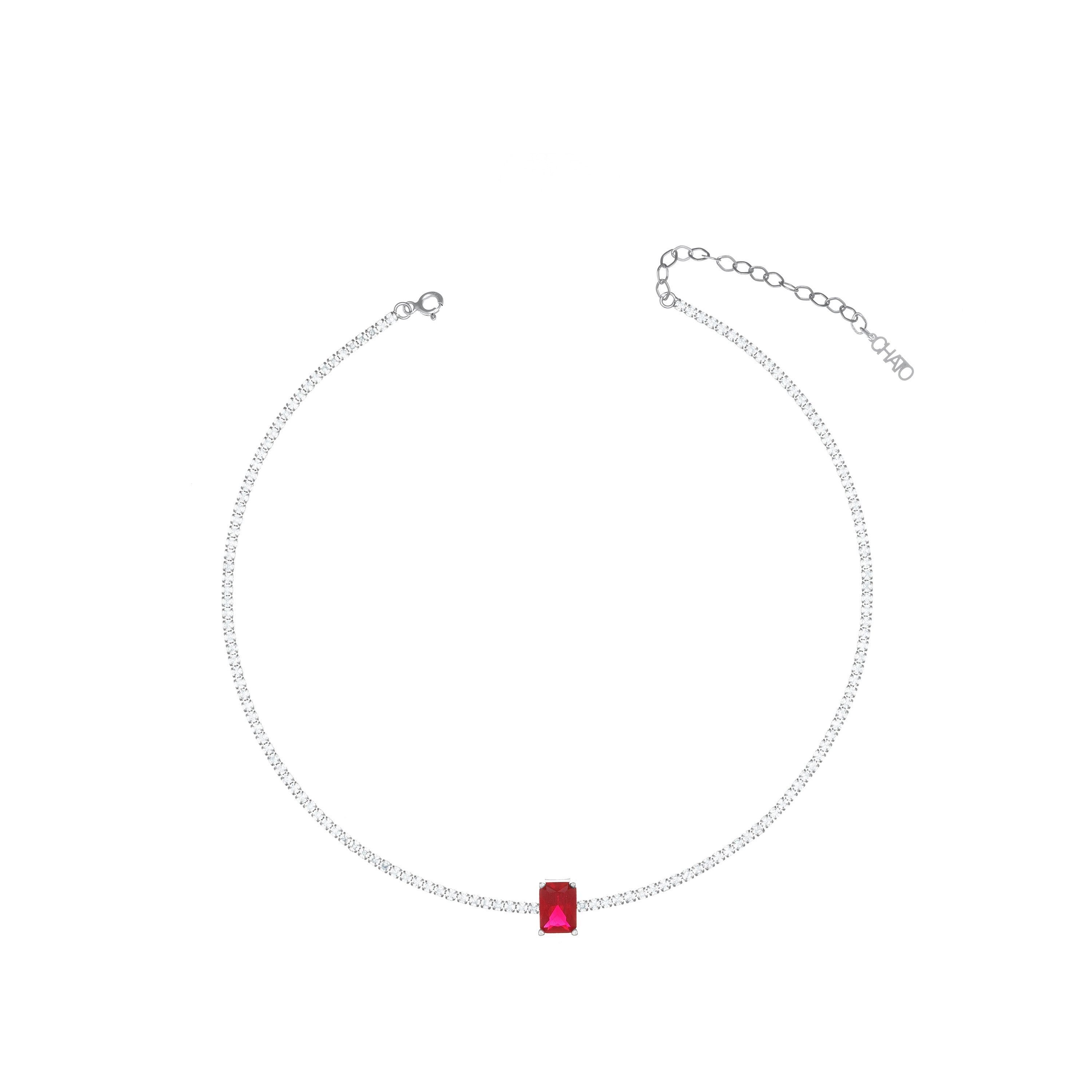 One Vertical Rectangle Tennis Choker - Silver Ruby CZ And White