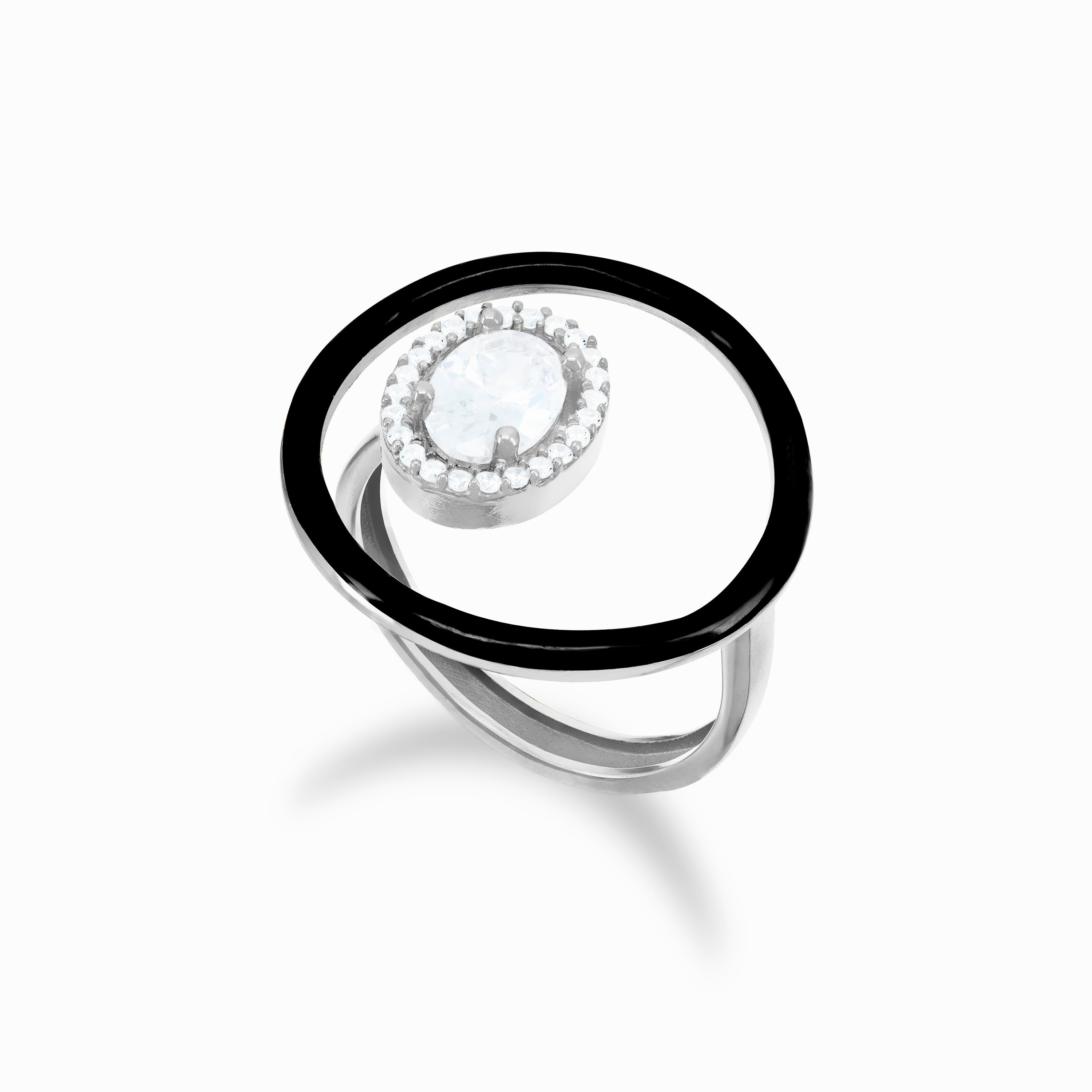 Open Enamel Circle Ring With Stone - Silver Black