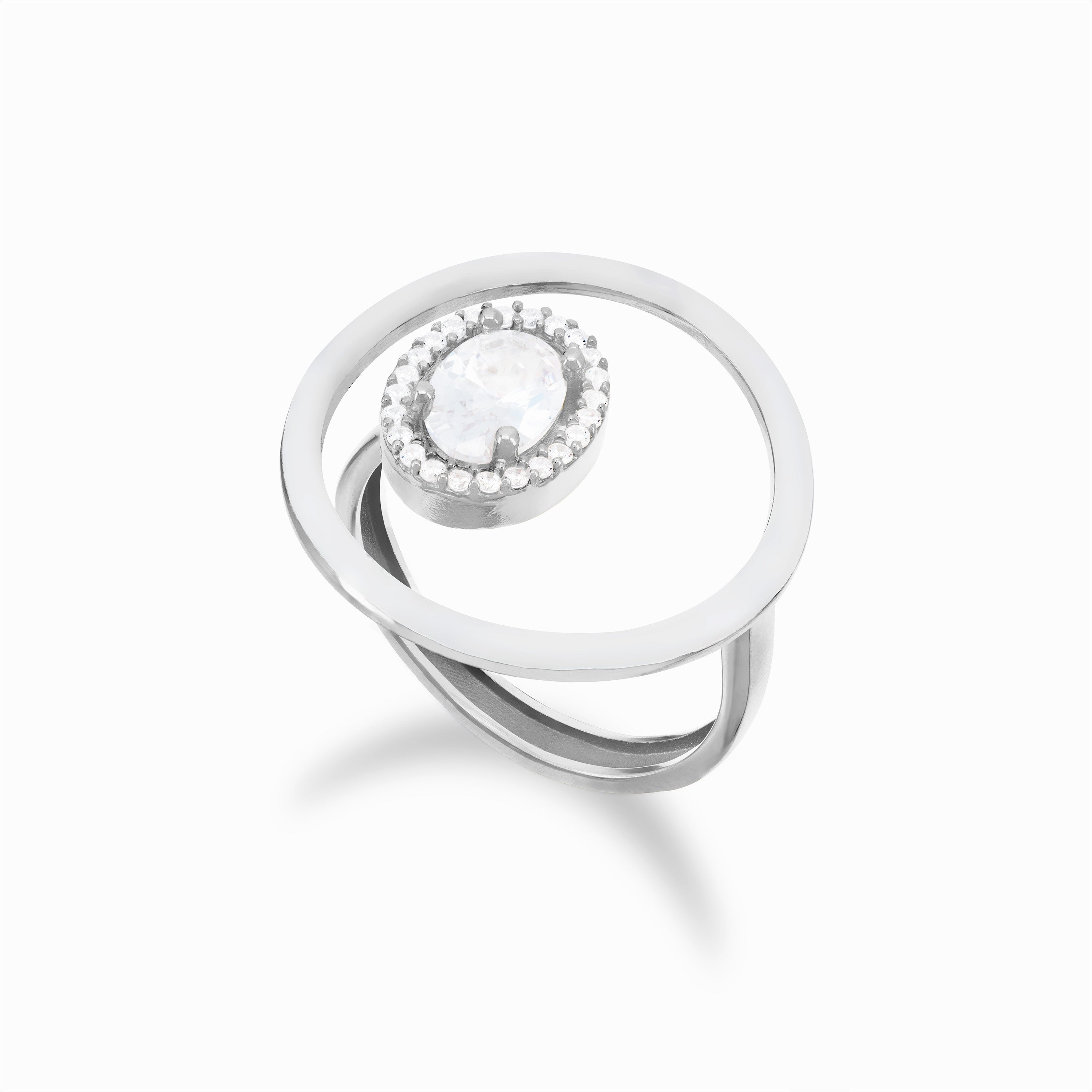 Open Enamel Circle Ring With Stone - Silver White
