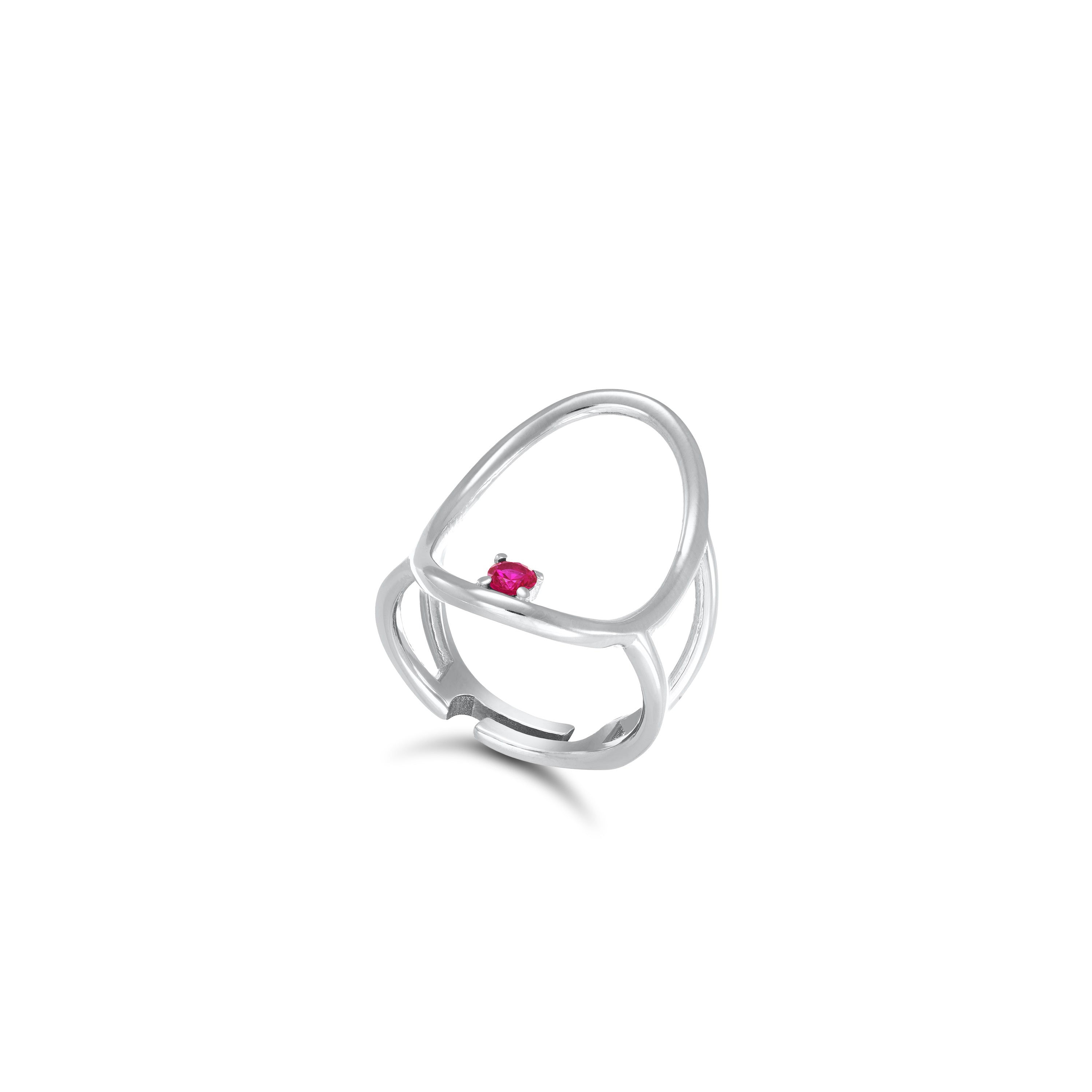 Oval Shape Ring With Dot - Silver Fuchsia