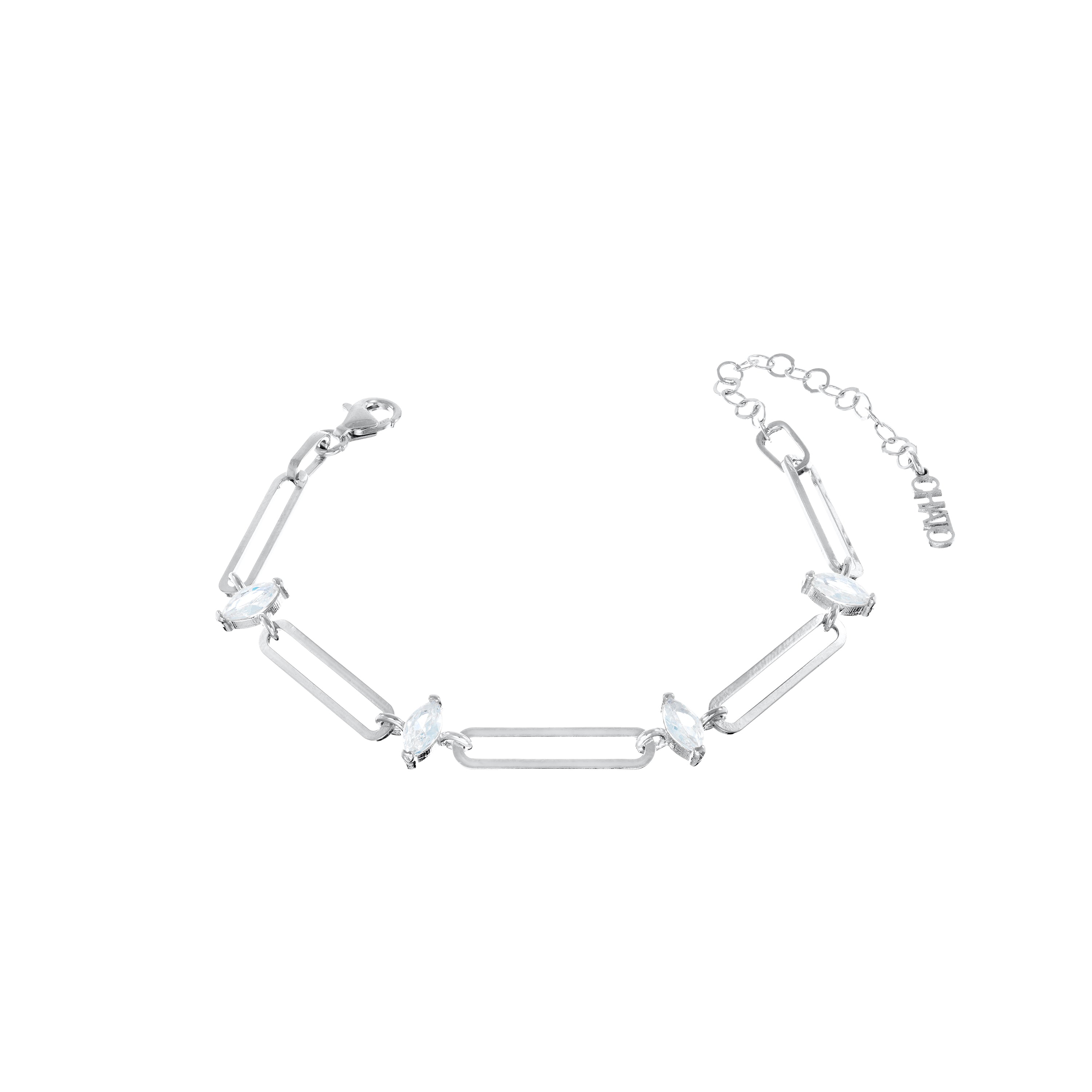 Paperclip With Marquise Cubic Zirconia Bracelet - Silver White