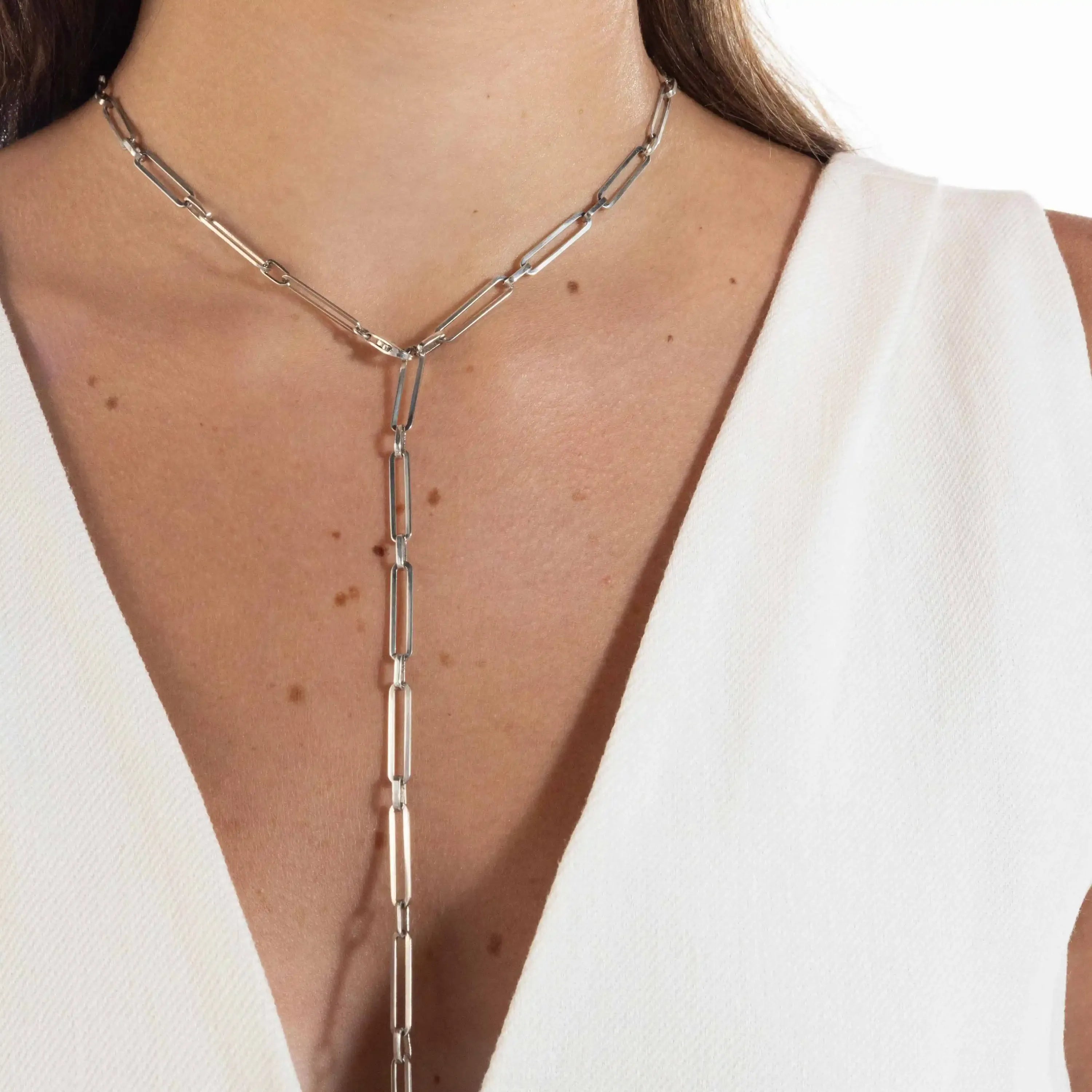 Paperclip Link Chain With Connection Long Necklace - Silver