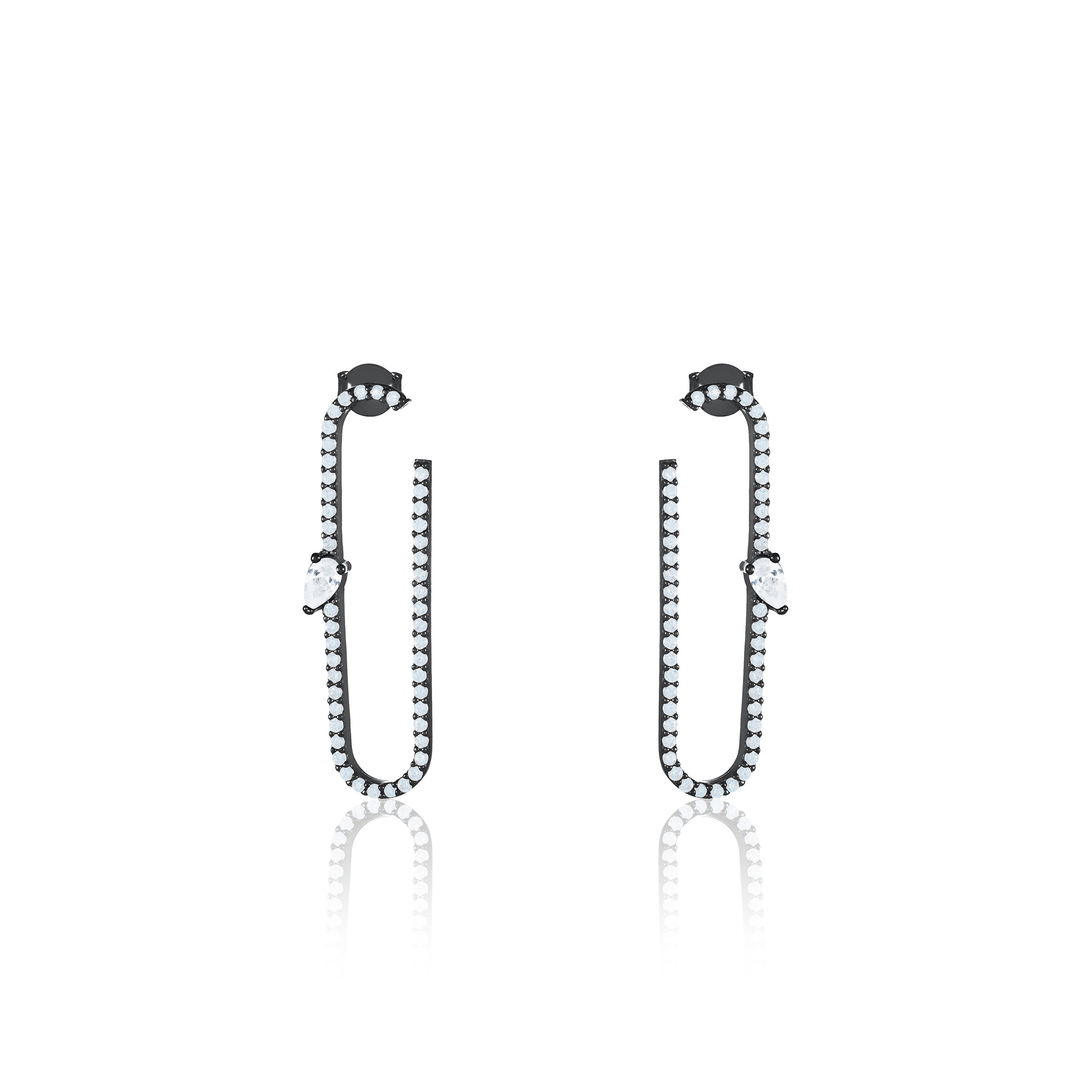 Paperclip With Teardrop Statement Earrings - Black Rhodium White