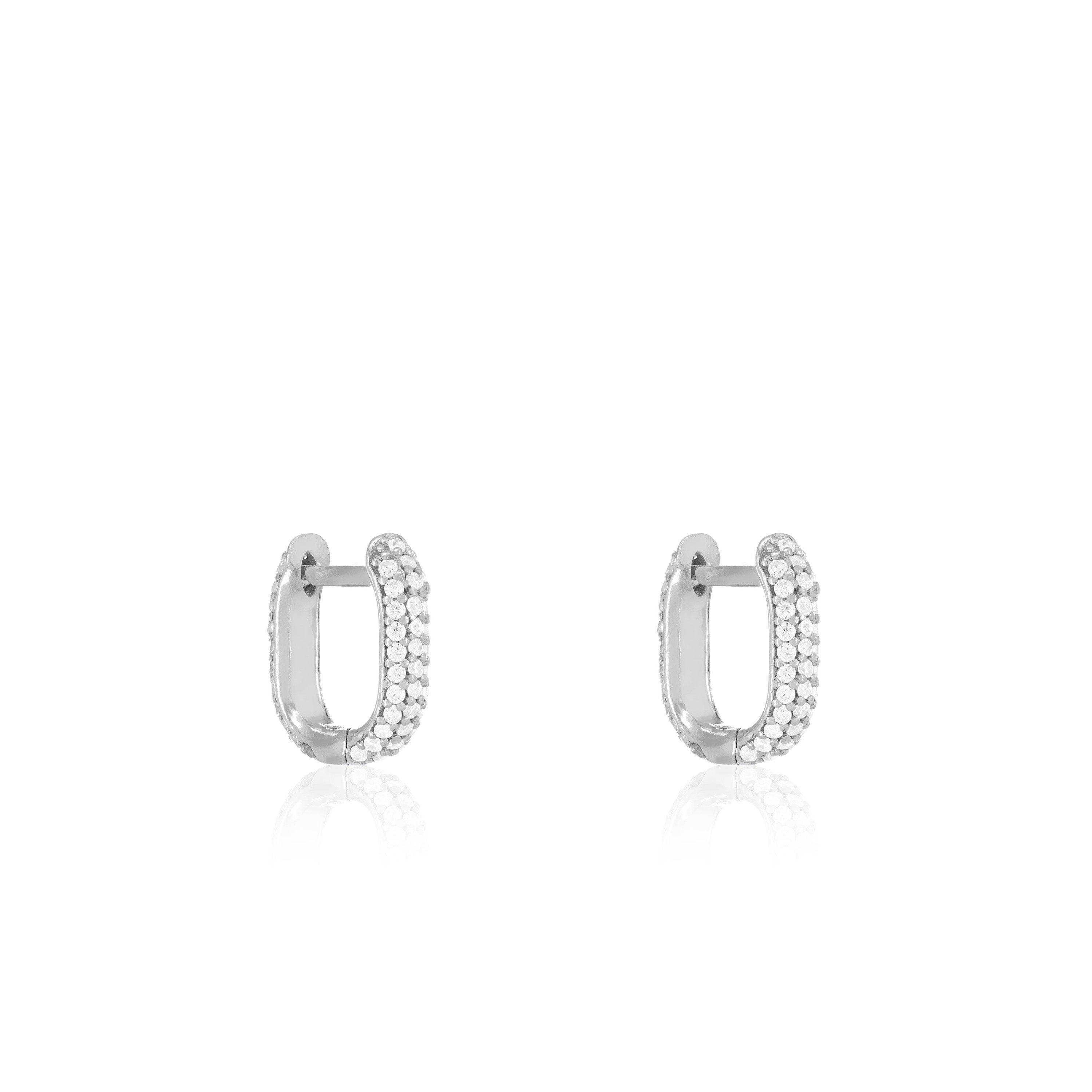 Pave Paperclip Hoop Earrings - Silver White - Short