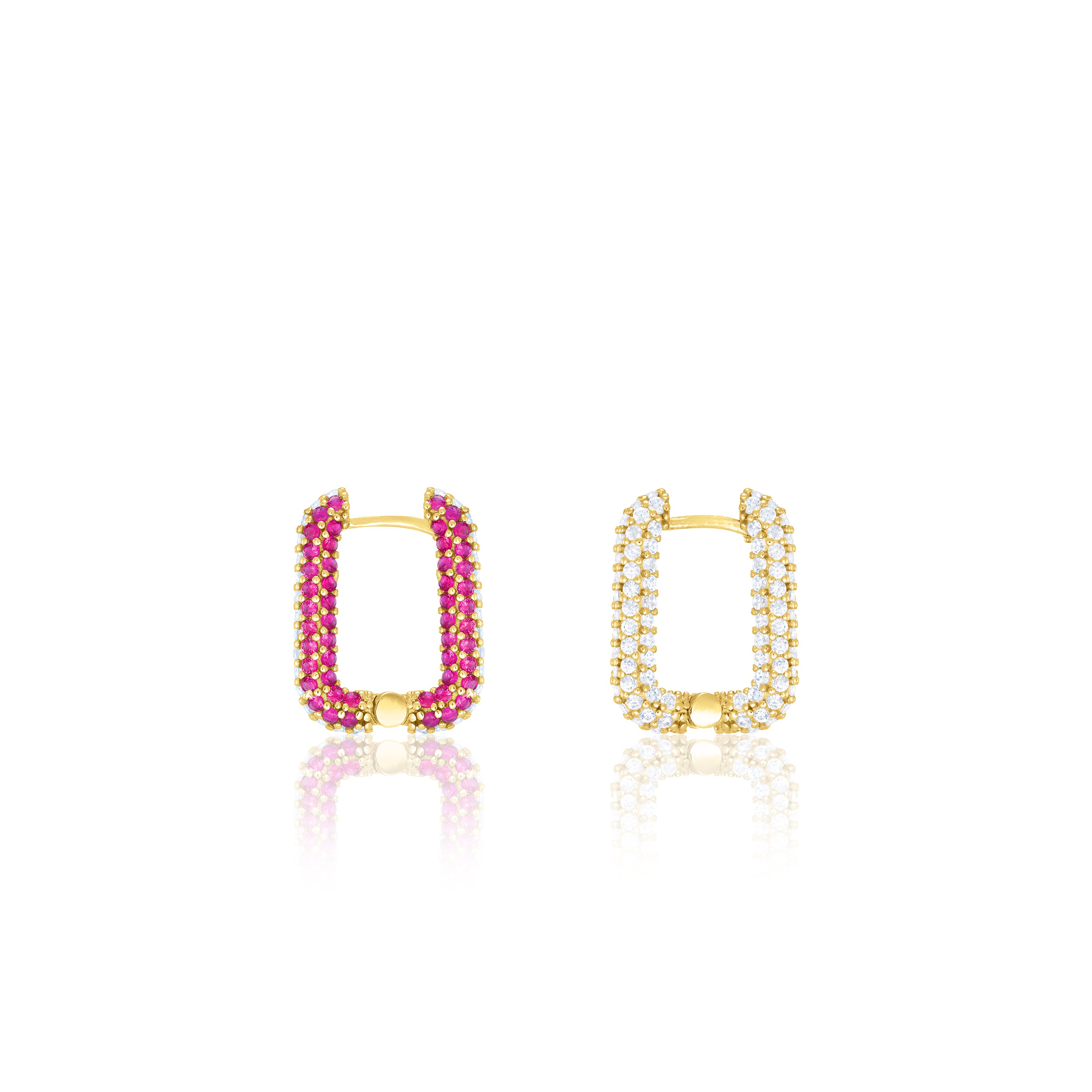 Pave Rectangular Hoop Earrings - Gold Half Fuchsia Half White