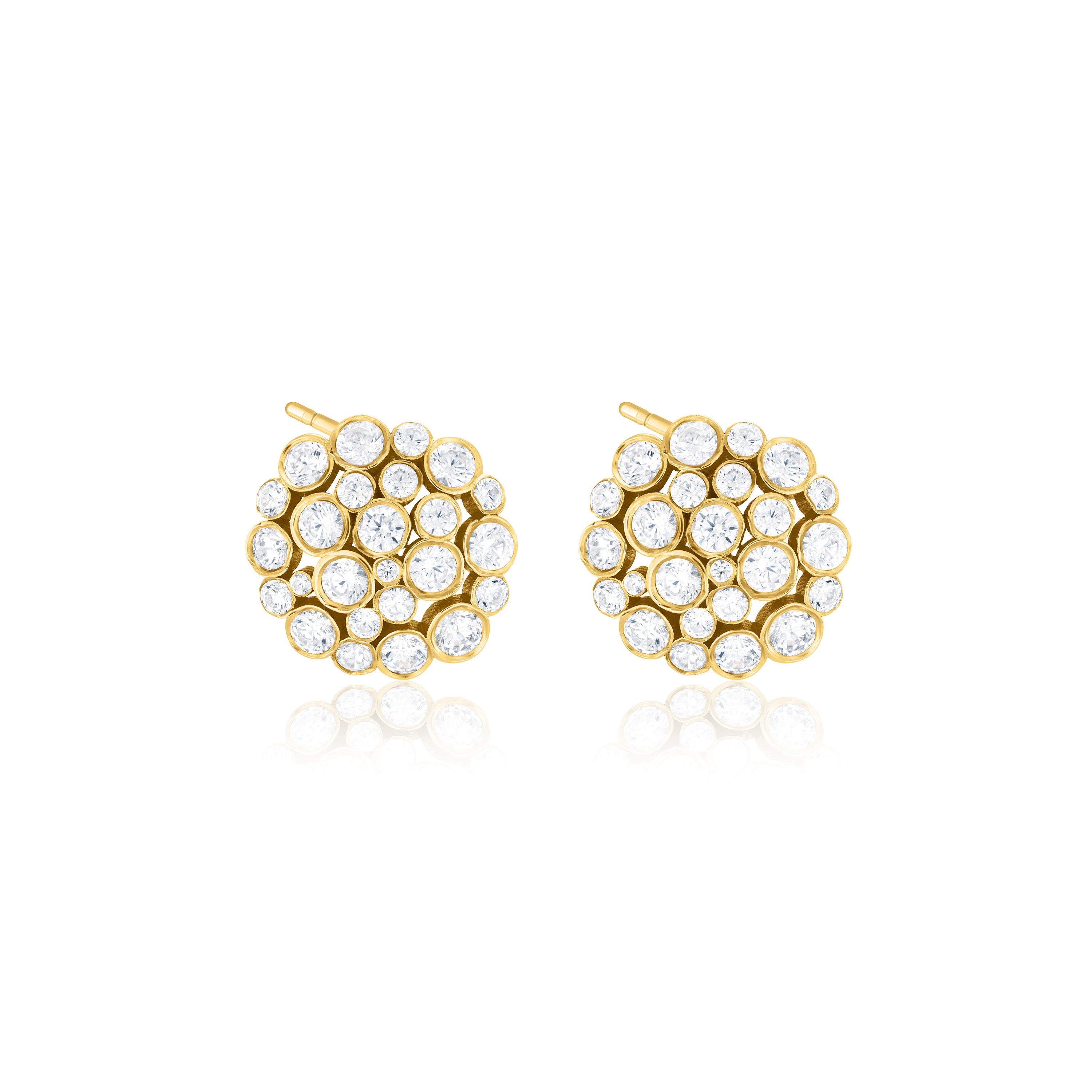 Round Pave Cluster Bezel Earrings - Gold White