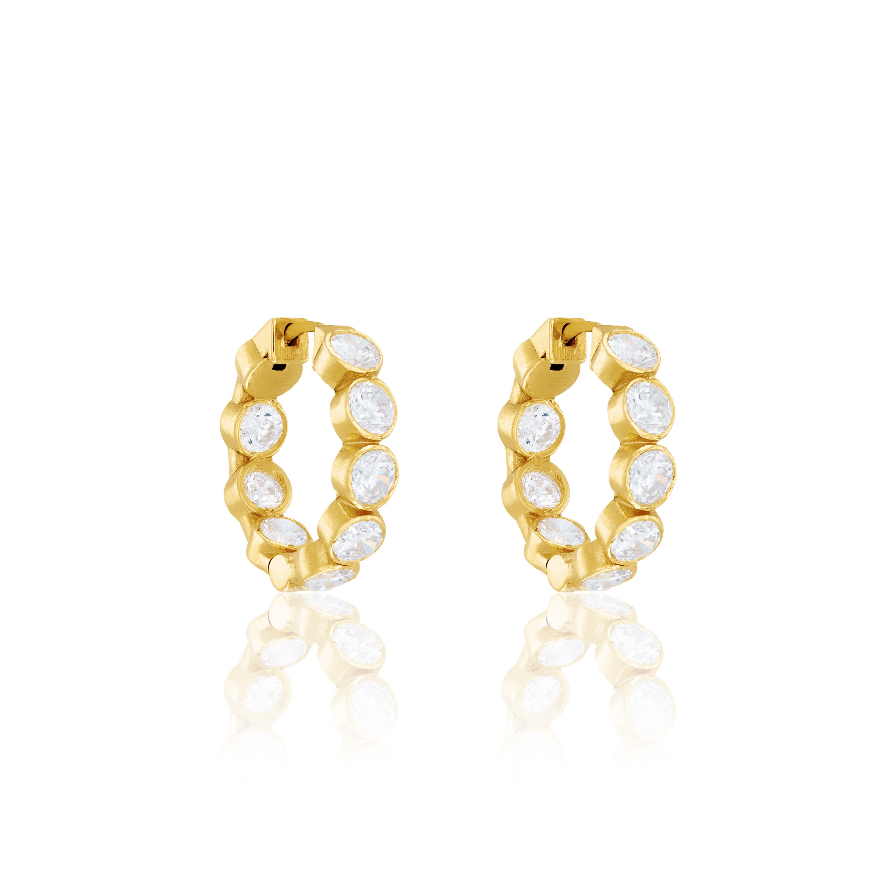 Round Bezel Cz Inside out Hoop Earrings - Gold White