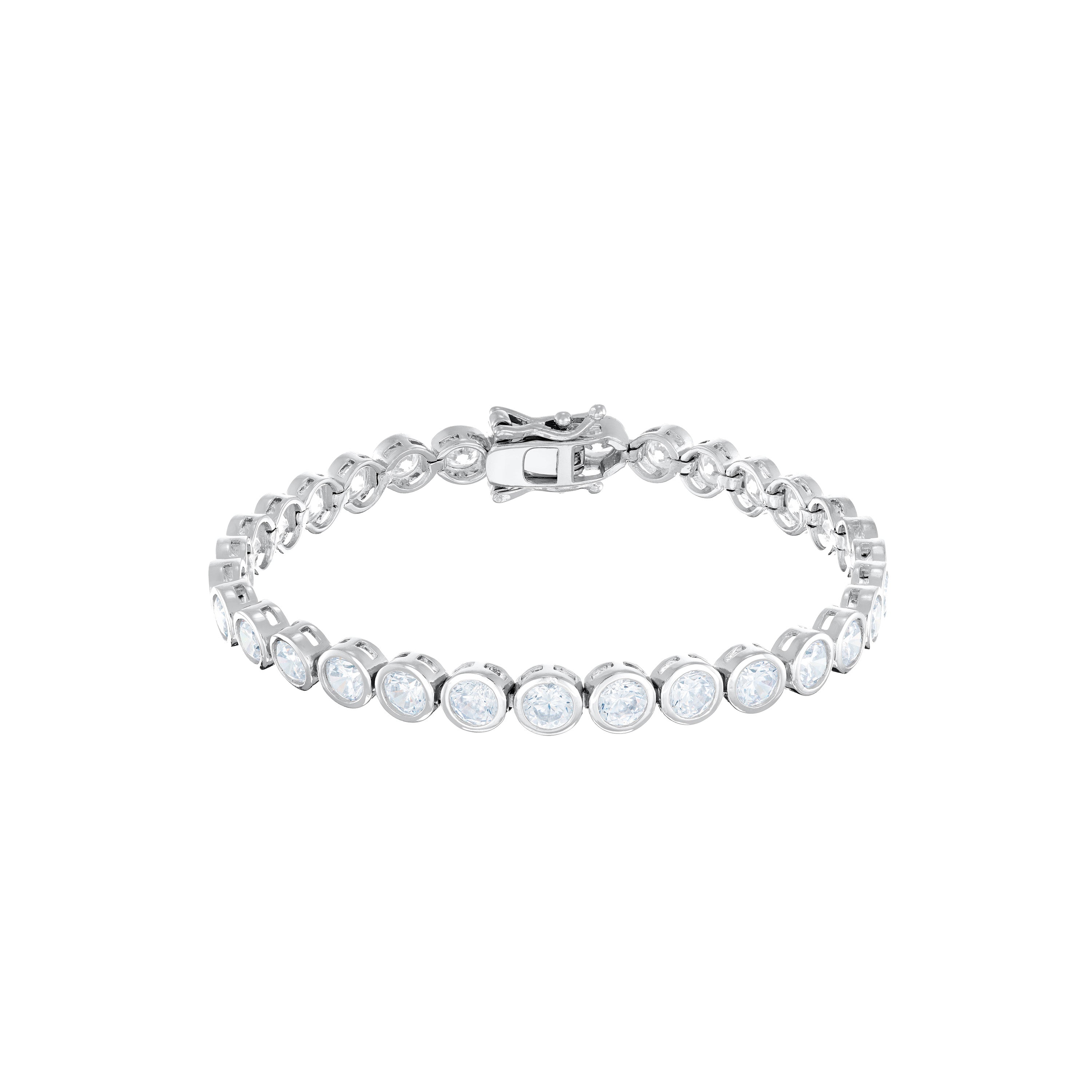 Round Bezel Cz Tennis Bracelet With Box Clasp - Silver White - 4mm