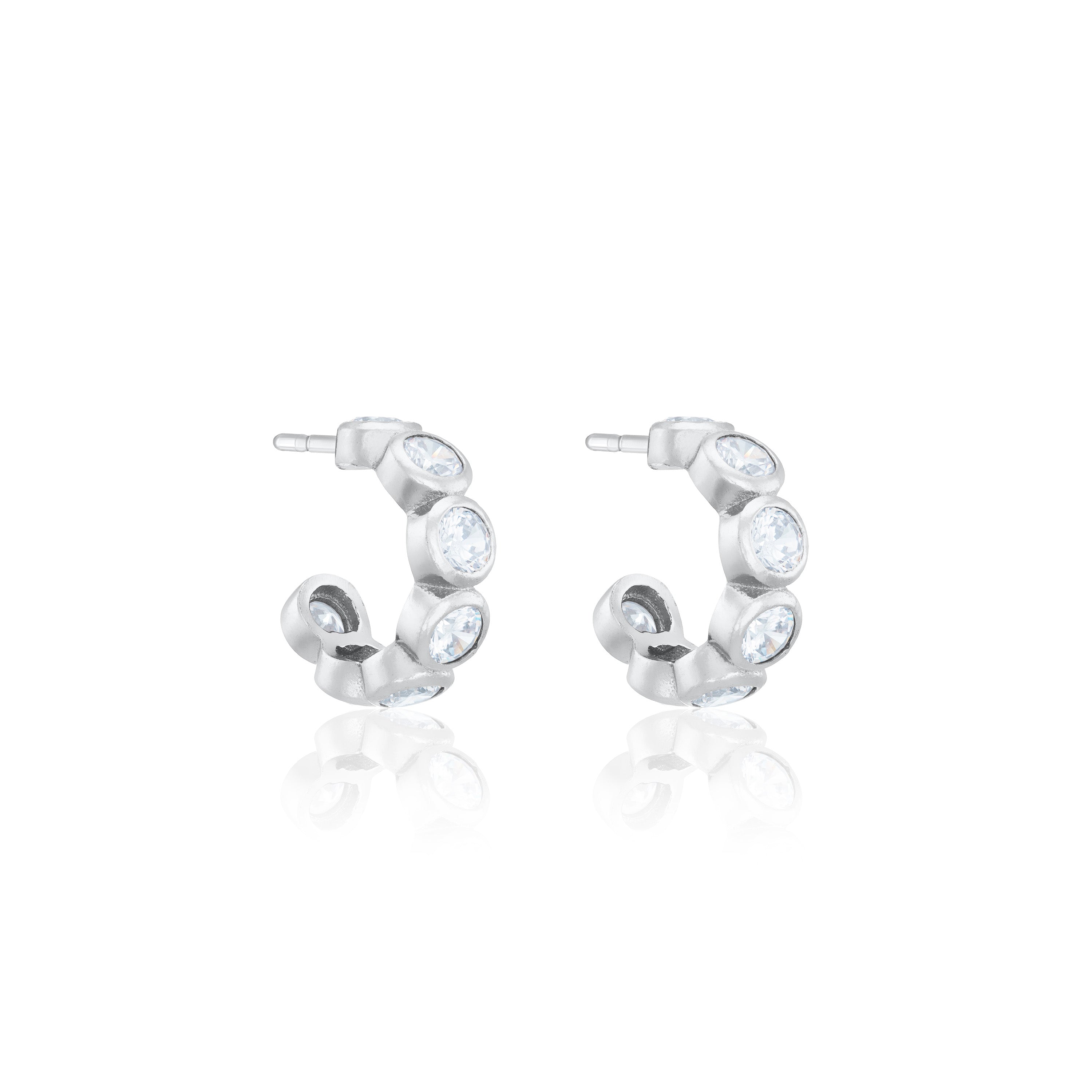 Round Cubic Zirconia Bezel Semi Hoop Earrings - Silver White