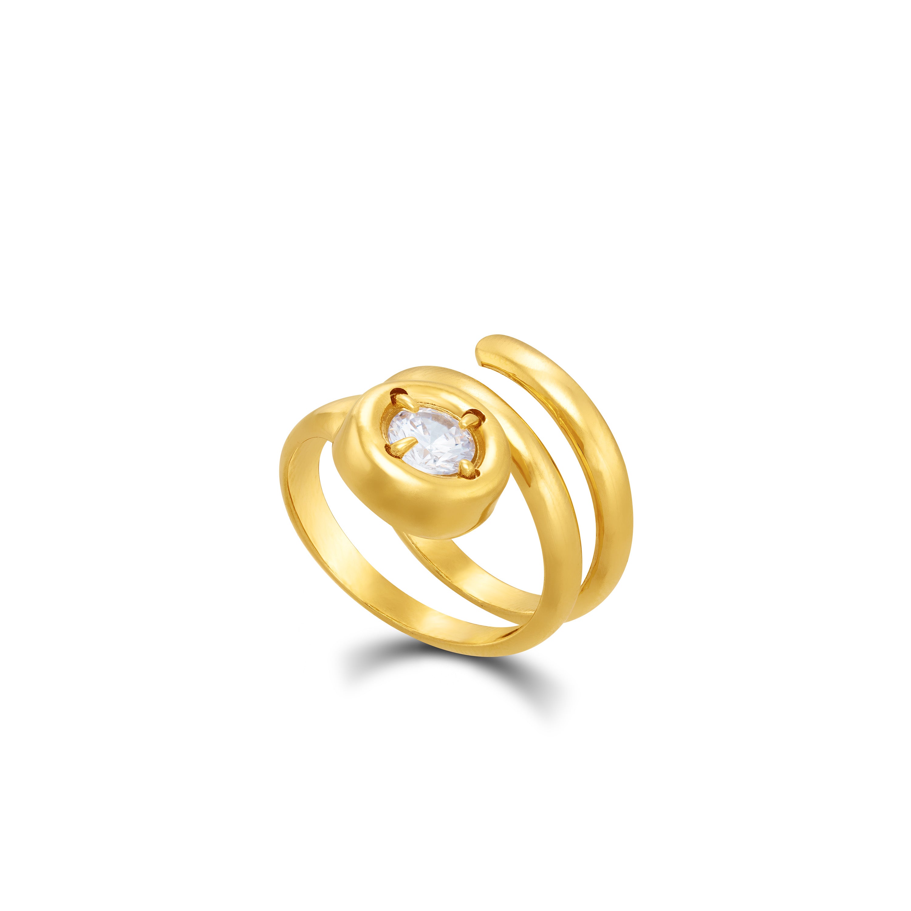 Round Cubic Zirconia Bezel Spiral Ring - Gold White