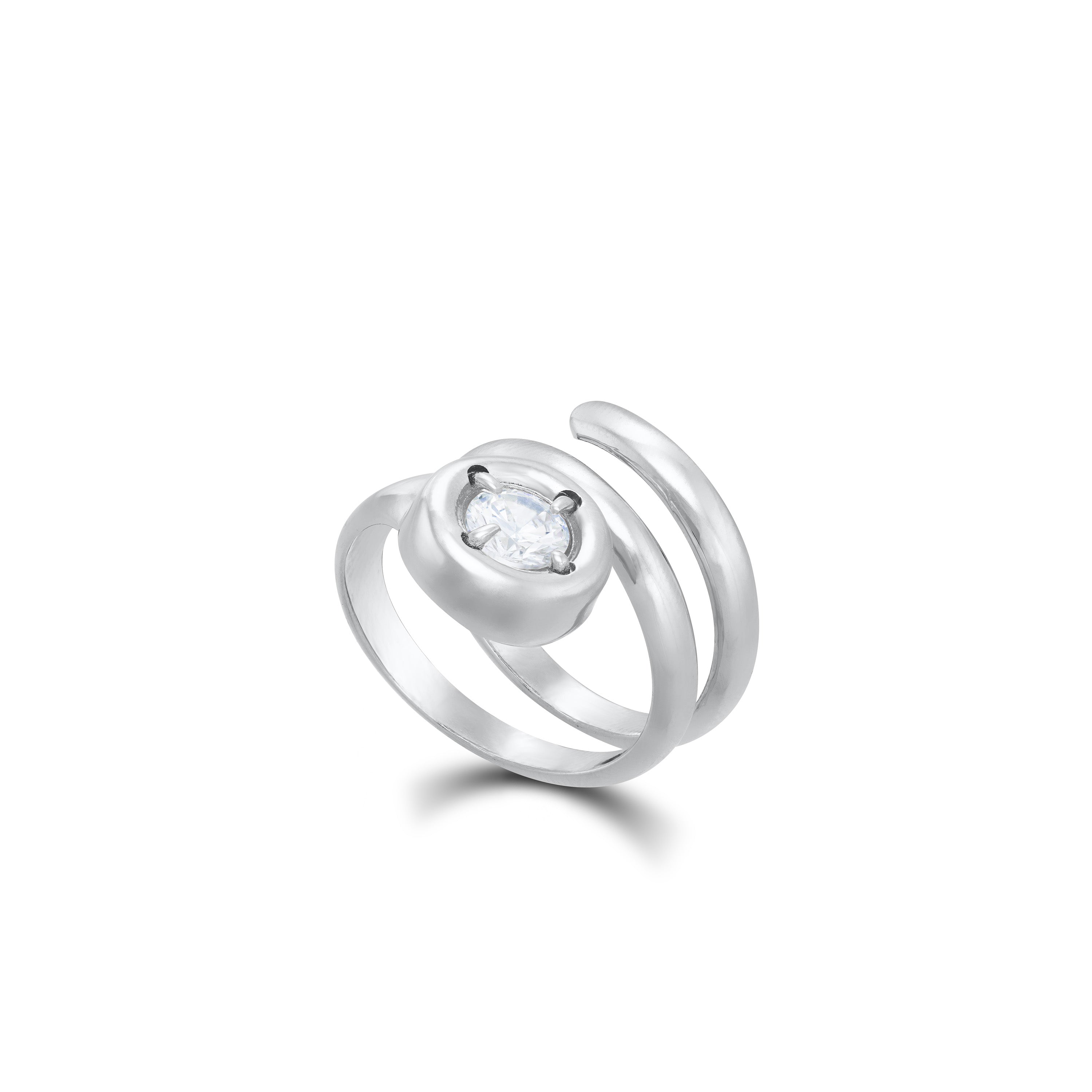 Round Cubic Zirconia Bezel Spiral Ring - Silver White