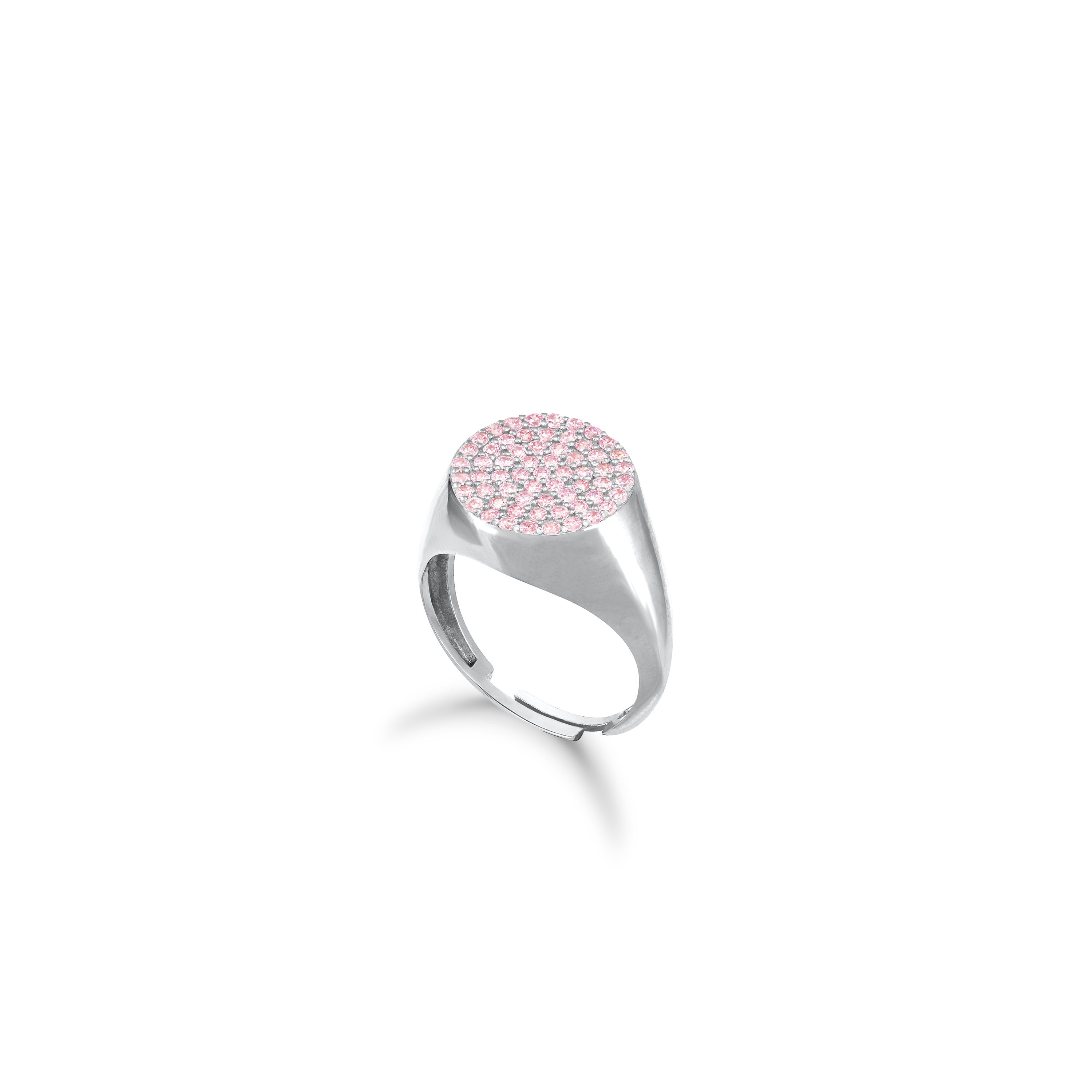 Round Pave Cubic Zirconia Signet Pinky Ring - Light pink