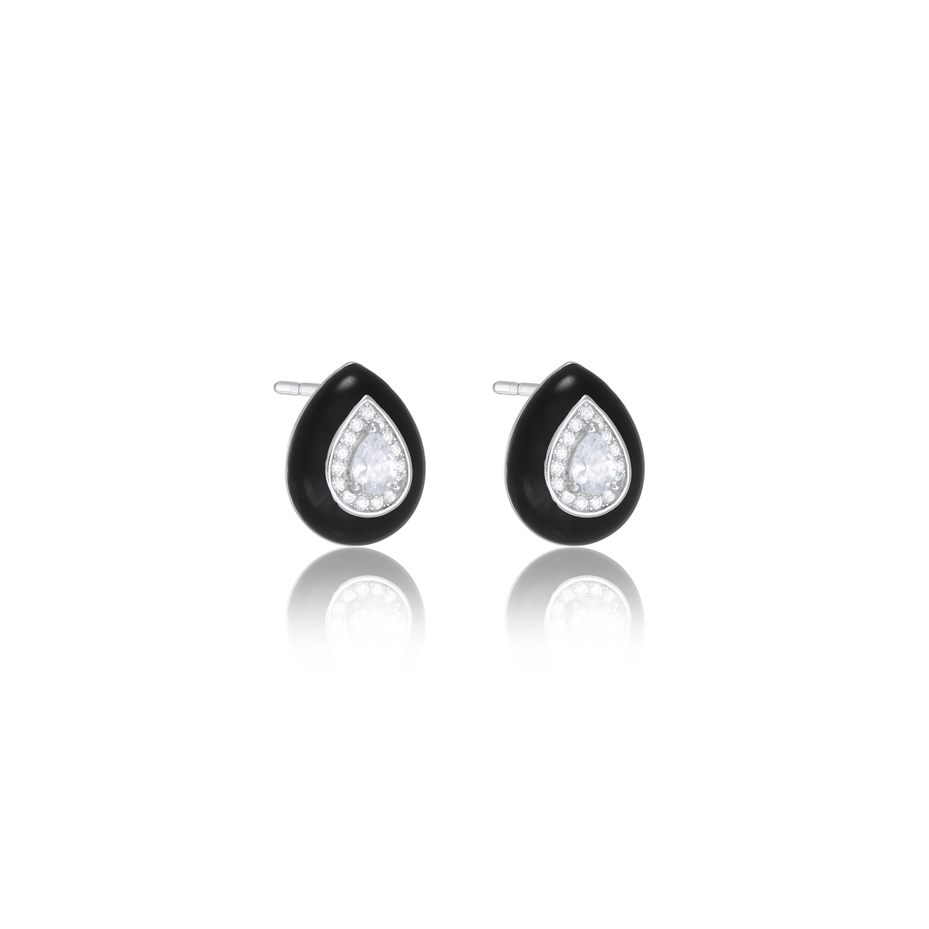 Teardrop With Enamel Stud Earrings - Silver Black