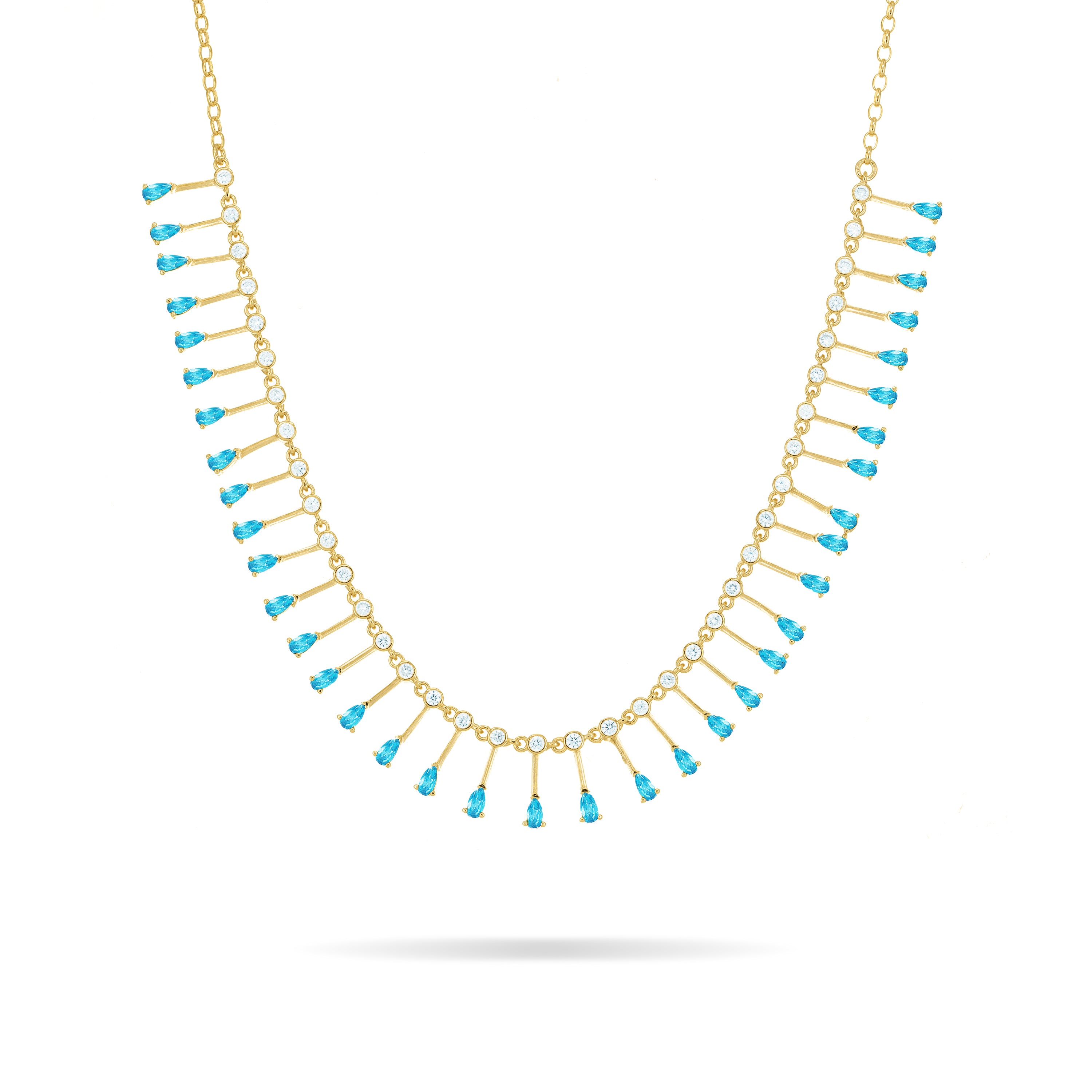 Teardrop Fringe Necklace - Gold Aquamarine And White