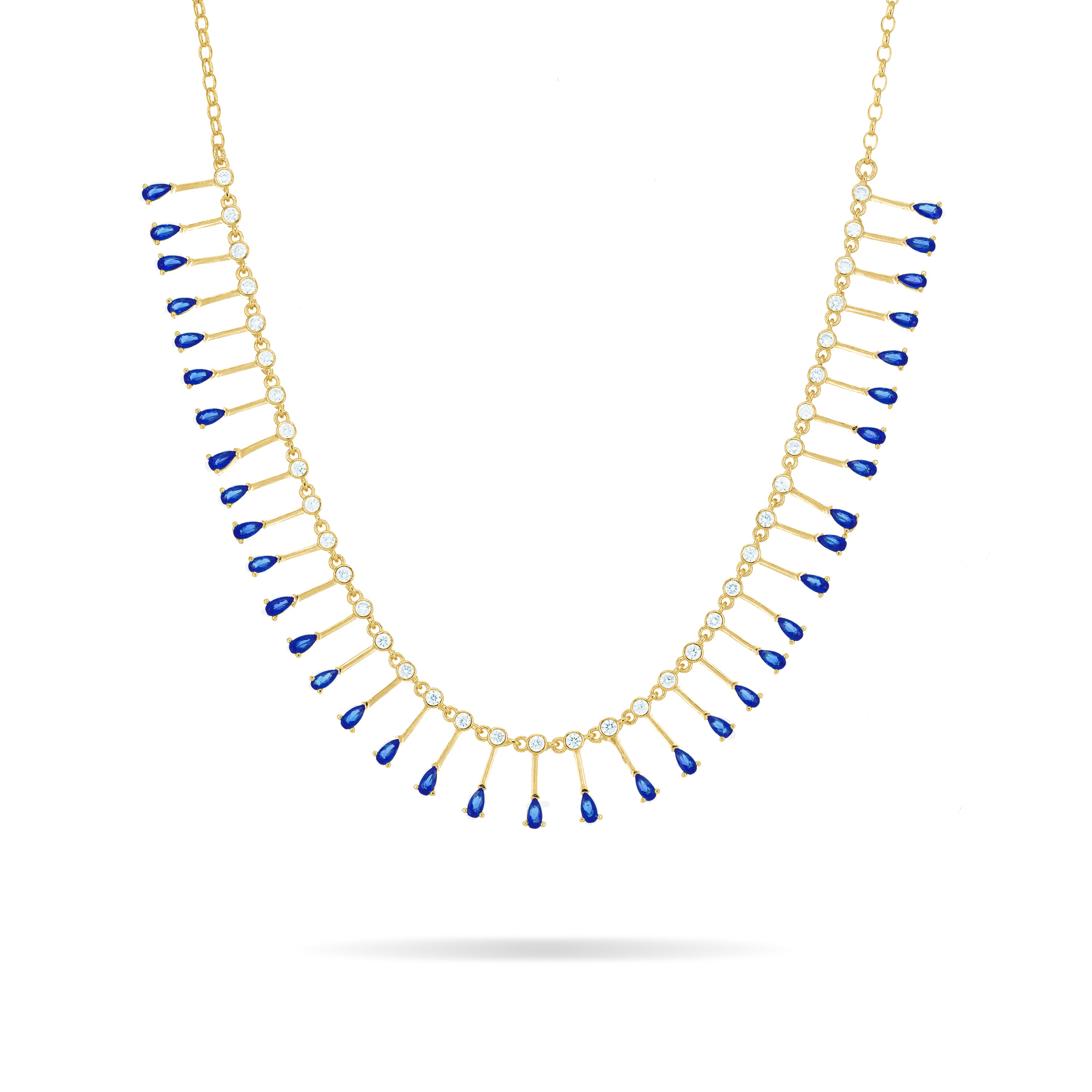 Teardrop Fringe Necklace - Gold Navy Blue And White
